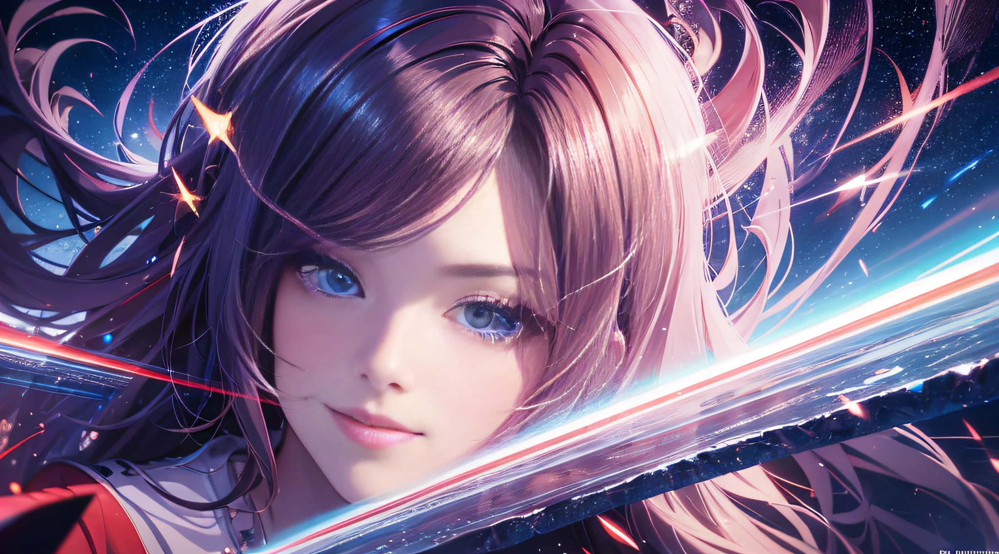 Masterpiece, best quality, young beautiful girl, super detailed, official art, Unity 8k wallpaper, Smirk, red and blue, shooting star double exposure, (layered image): 1.2, mixed visuals, overlapping composition, fantastic illusion, poetic narrative