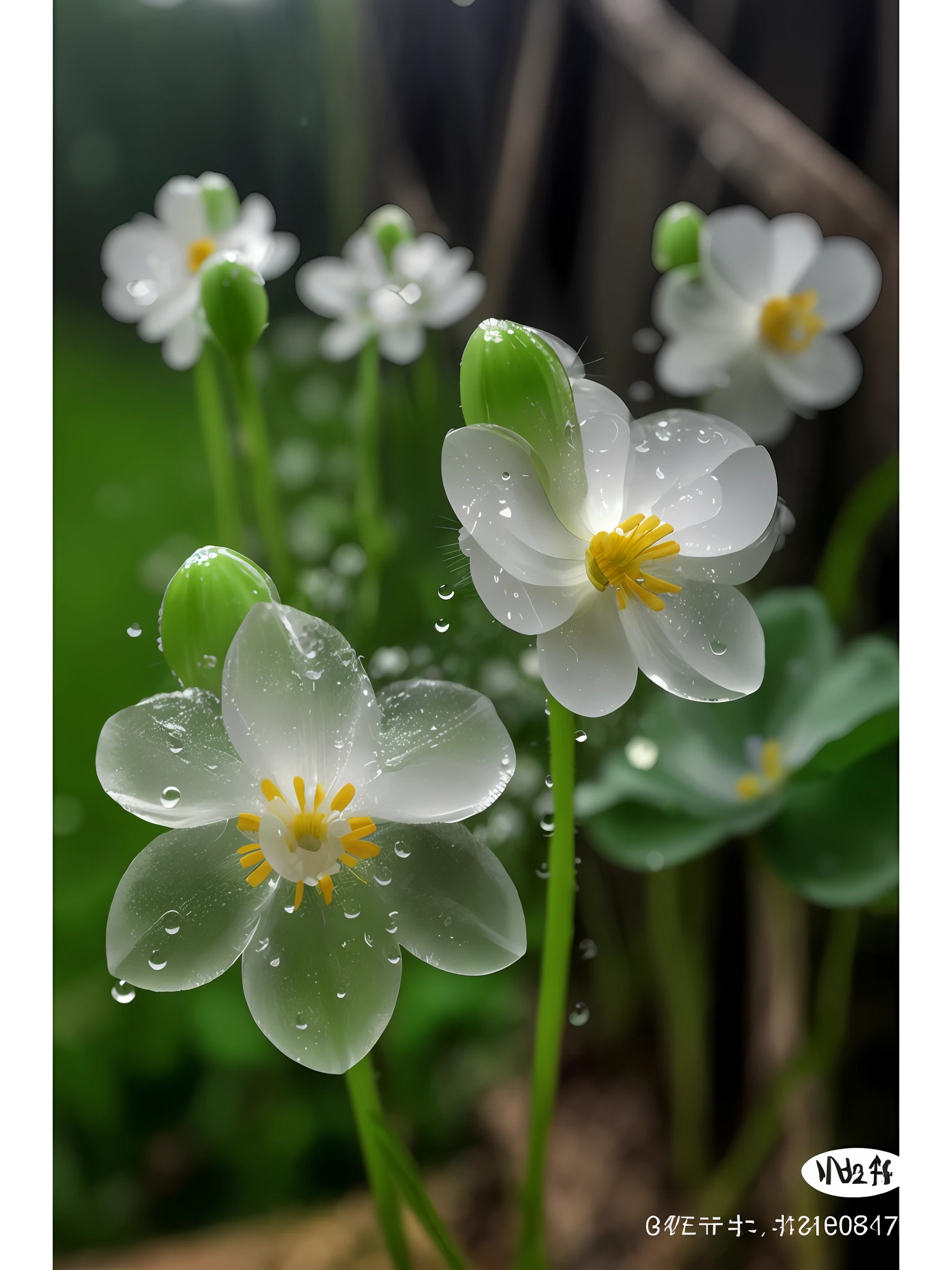 there are many white flowers with yellow centers in the grass, stella alpina flower, dewdrops, ethereal beauty, after the rain, focus on droplets, anemone, anemones, just after rain, dew drops, !!natural beauty!!, flower, flowers rain everywhere, after rain, surrounded flower, summer morning dew, gold flaked flowers, paul barson