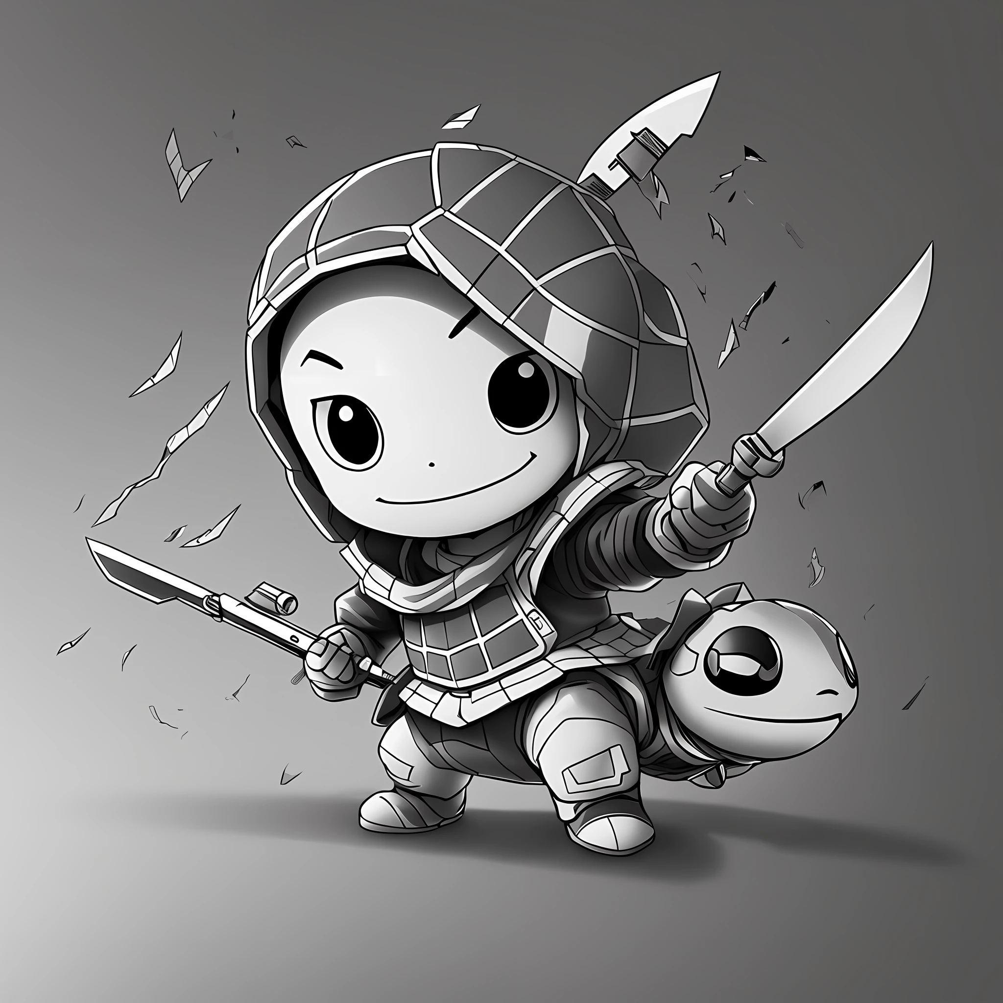 Line style, battle damage wind, little turtle with double knife, scan, black and white, sketch, light and shadow, projection, cute --auto --s2