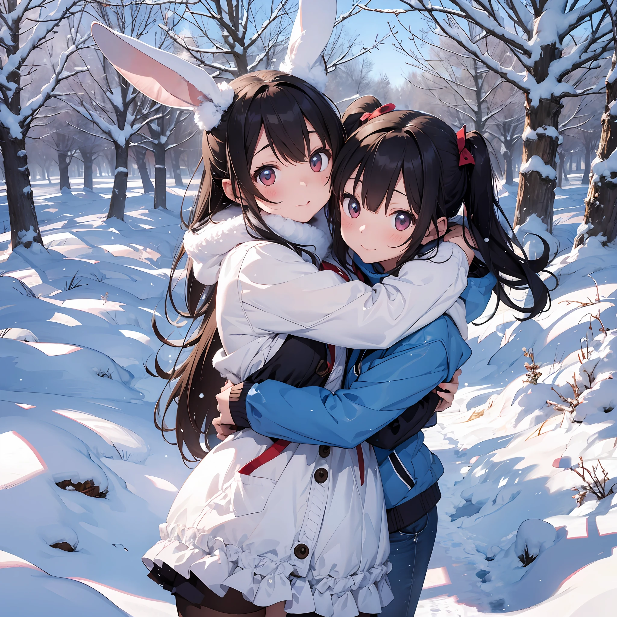 Rabbit-eared girl In the snow Cold Two hug each other