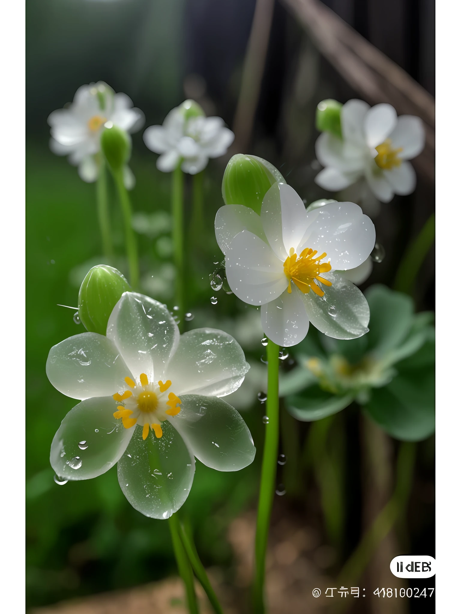 there are many white flowers with yellow centers in the grass, stella alpina flower, dewdrops, ethereal beauty, after the rain, focus on droplets, anemone, anemones, just after rain, dew drops, !!natural beauty!!, flower, flowers rain everywhere, after rain, surrounded flower, summer morning dew, gold flaked flowers, paul barson