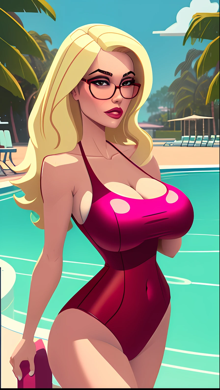 A cartoon drawing of a woman in a red swimsuit and glasses, in retro swimsuit, poolside, wet swimsuit, neckline, swimsuit model, swimsuit, Gwen Stacy, Brittney Lee, Big Breasts!, SFW huge breasts, cartoon art style, blonde goddess, close-up view, with big breasts, wears a swimsuit, swimsuit, Art GTA 5 comics