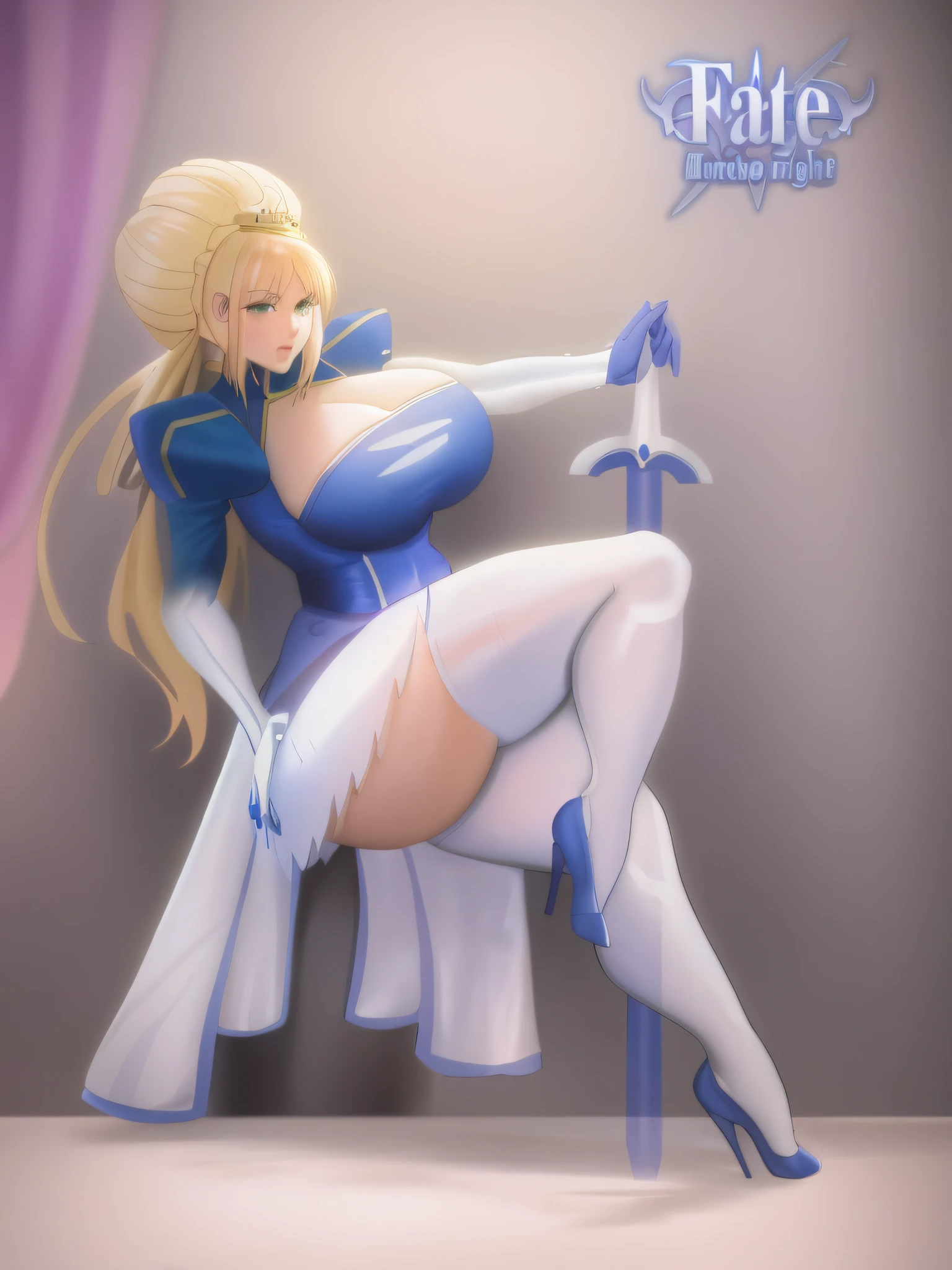 a cartoon picture of a woman in a blue dress and heels, anime barbie in white stockings, commission for high res, sfw version, artoria pendragon, game art!!, bara, blonde - haired princess, commission for, anime style like fate/stay night, inspired by INO, female mage!, cel shaded!!!, guilty gear art style, full res, artoria pendragon, thick thighs, thicc, oppai, oppai proportions, gogo dancer