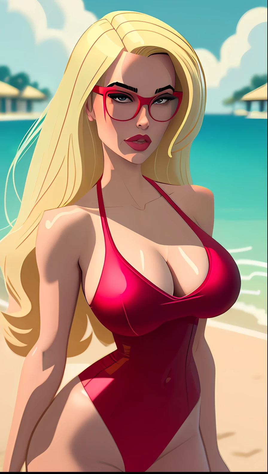 A cartoon drawing of a woman in a red swimsuit and glasses, in retro swimsuit, poolside, wet swimsuit, neckline, swimsuit model, swimsuit, Gwen Stacy, Brittney Lee, Big Breasts!, SFW huge breasts, cartoon art style, blonde goddess, close-up view,  with big breasts, wears a swimsuit, swimsuit, Art GTA 5 comics