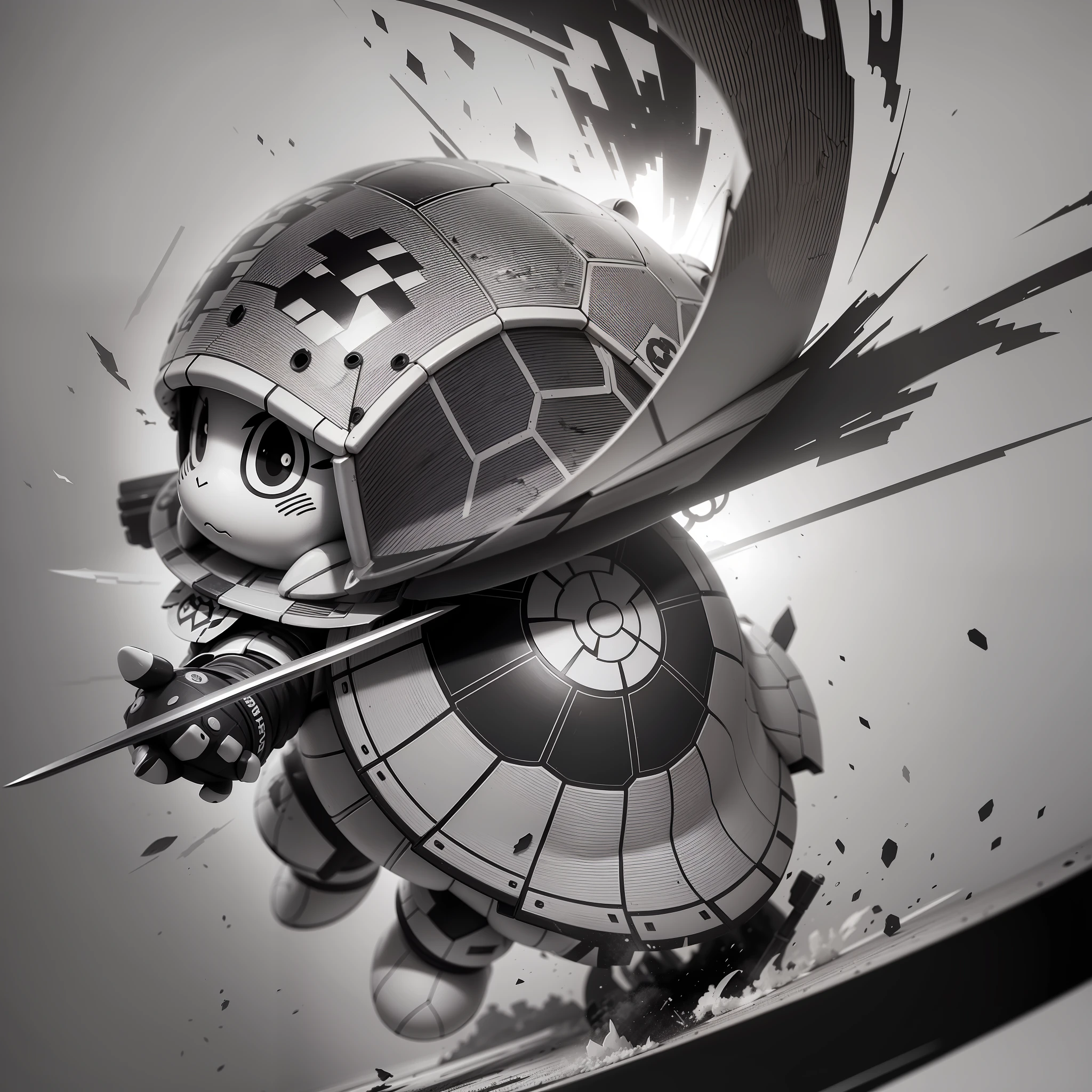 Line style, battle damage wind, little turtle with double sword, scan, black and white, sketch, light and shadow, projection, cute --auto --s2