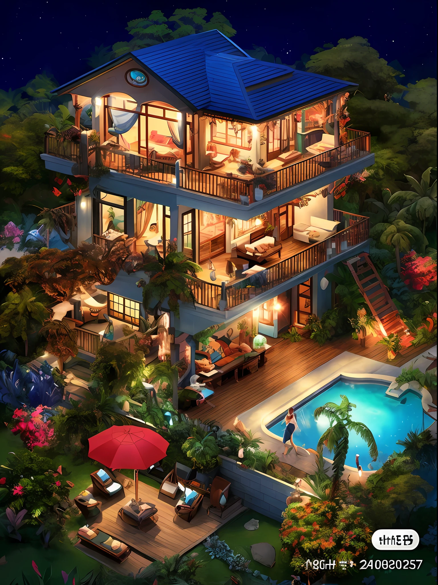 arafed house with a pool and a deck with a patio and a deck chair, very detailed paradise, rich house, highly detailed scene, detailed game art illustration, tropical paradise, beatiful house, 8k highly detailed ❤️🔥 🔥 💀 🤖 🚀, outdoors tropical cityscape, game illustration, very high detailed, beautiful detailed scene, tropical setting, summer setting