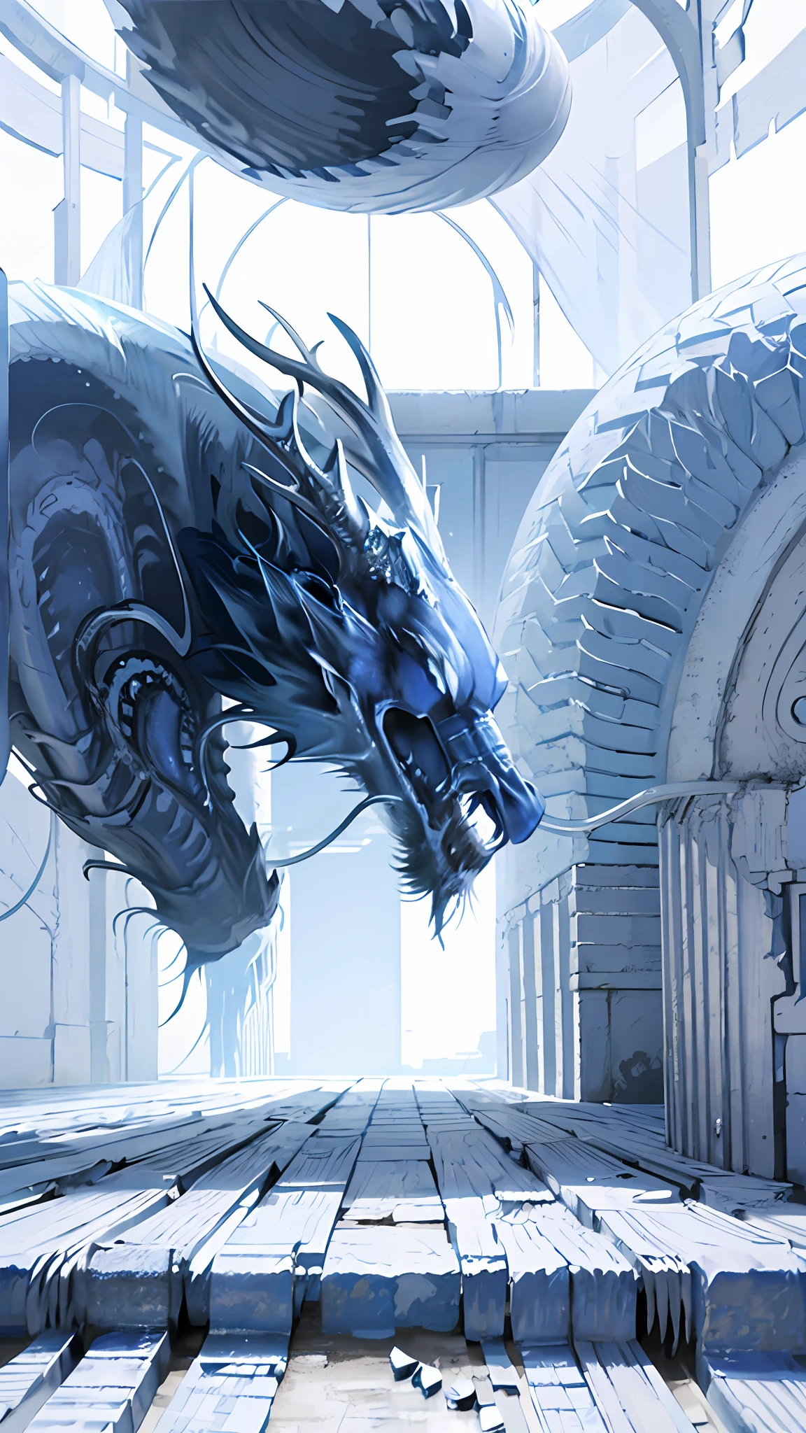 Blue and silver crystals in a white hall, white curtains, blue sky, silver butterflies flying