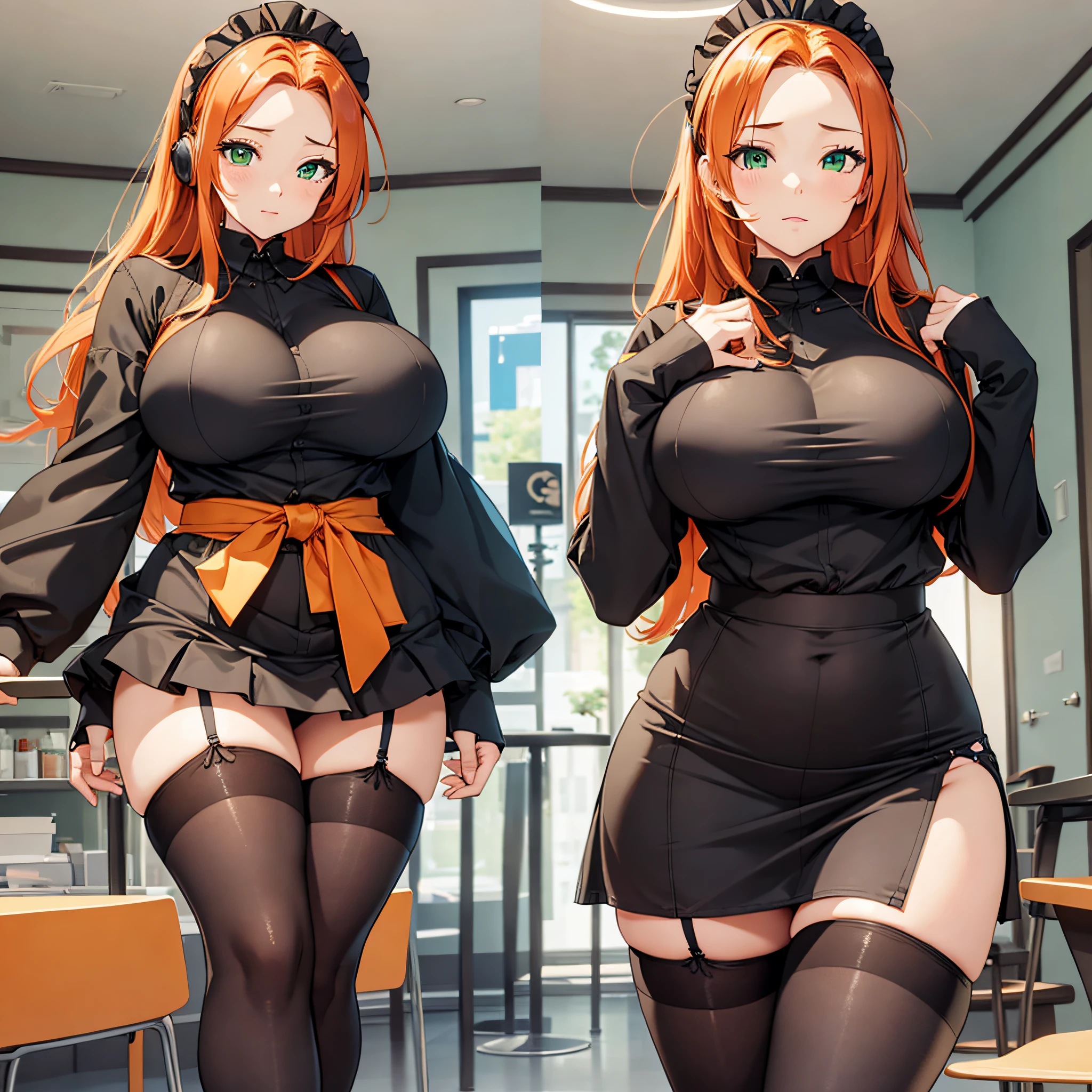 /draw ai_generated curvy_body curvy_female curvy_figure The average cup size female_only huge_breasts looking_at_viewer +maid solo_female solo_focus stable_diffusion waitress orange_hair green_eyes lifts the skirt showing black panties legs in pantyhose --auto --s2