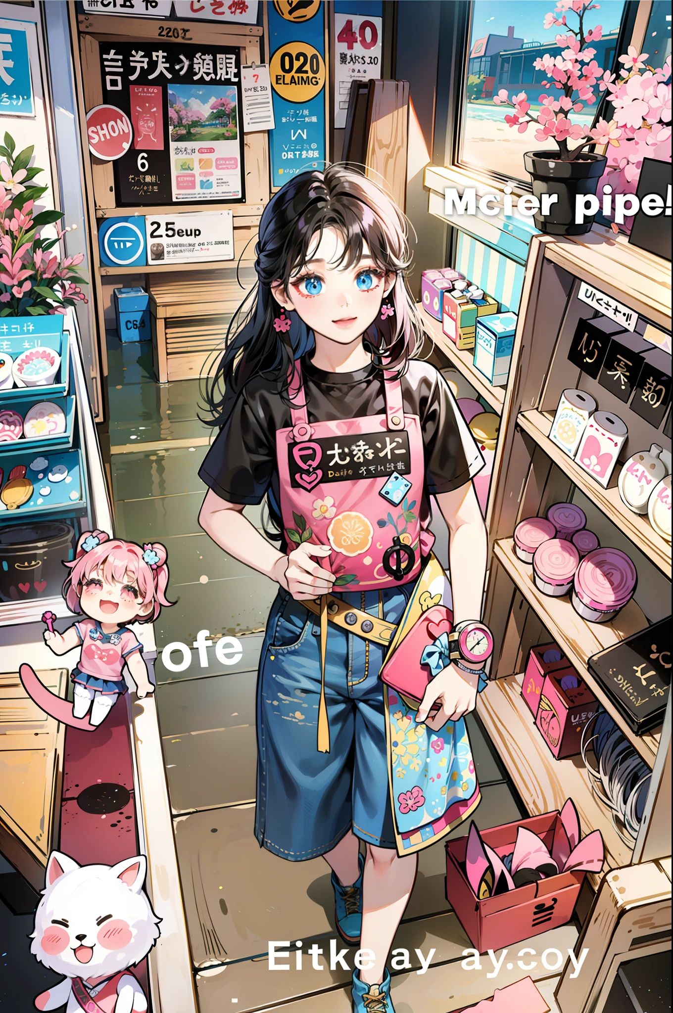 There is a girl standing in the store, so cute, super cute and friendly, black pink Josie, けもの, E-girl, kawaii shirt and jeans, electronic girl, Ruan cute vtuber, Snapchat photos, cute girl, black pink Rosanna Park, Ultra HD, 8k, Best Light, 6 year o super cute, fair skin, (big watery eyes: 1.3, long eyelashes), (kpop, 🤬 🎀 💕 💕 🤮 🎀 🤮 😭 idol,6years old_girl),smileace