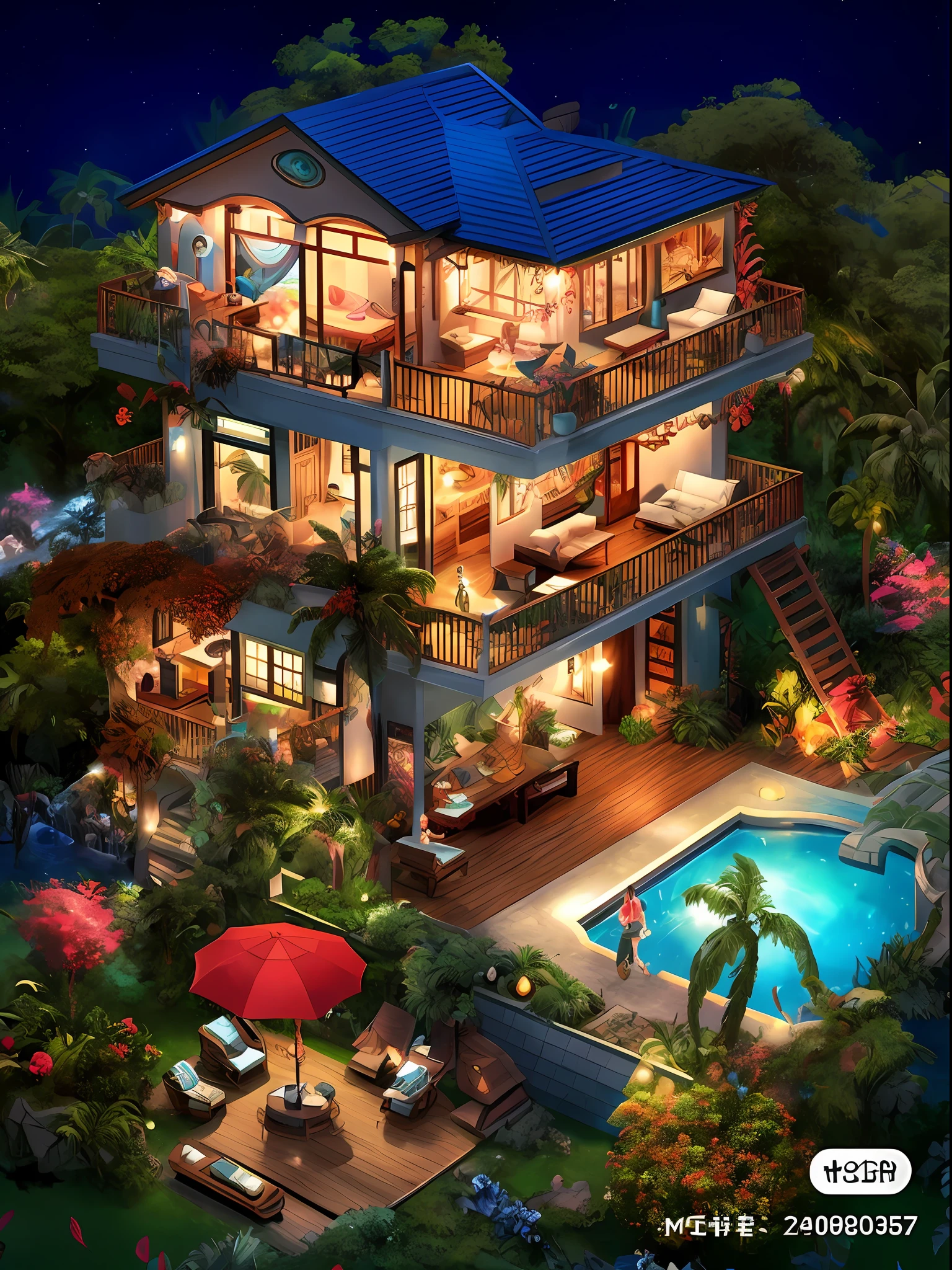 arafed house with a pool and a deck with a patio and a deck chair, very detailed paradise, rich house, highly detailed scene, detailed game art illustration, tropical paradise, beatiful house, 8k highly detailed ❤️🔥 🔥 💀 🤖 🚀, outdoors tropical cityscape, game illustration, very high detailed, beautiful detailed scene, tropical setting, summer setting