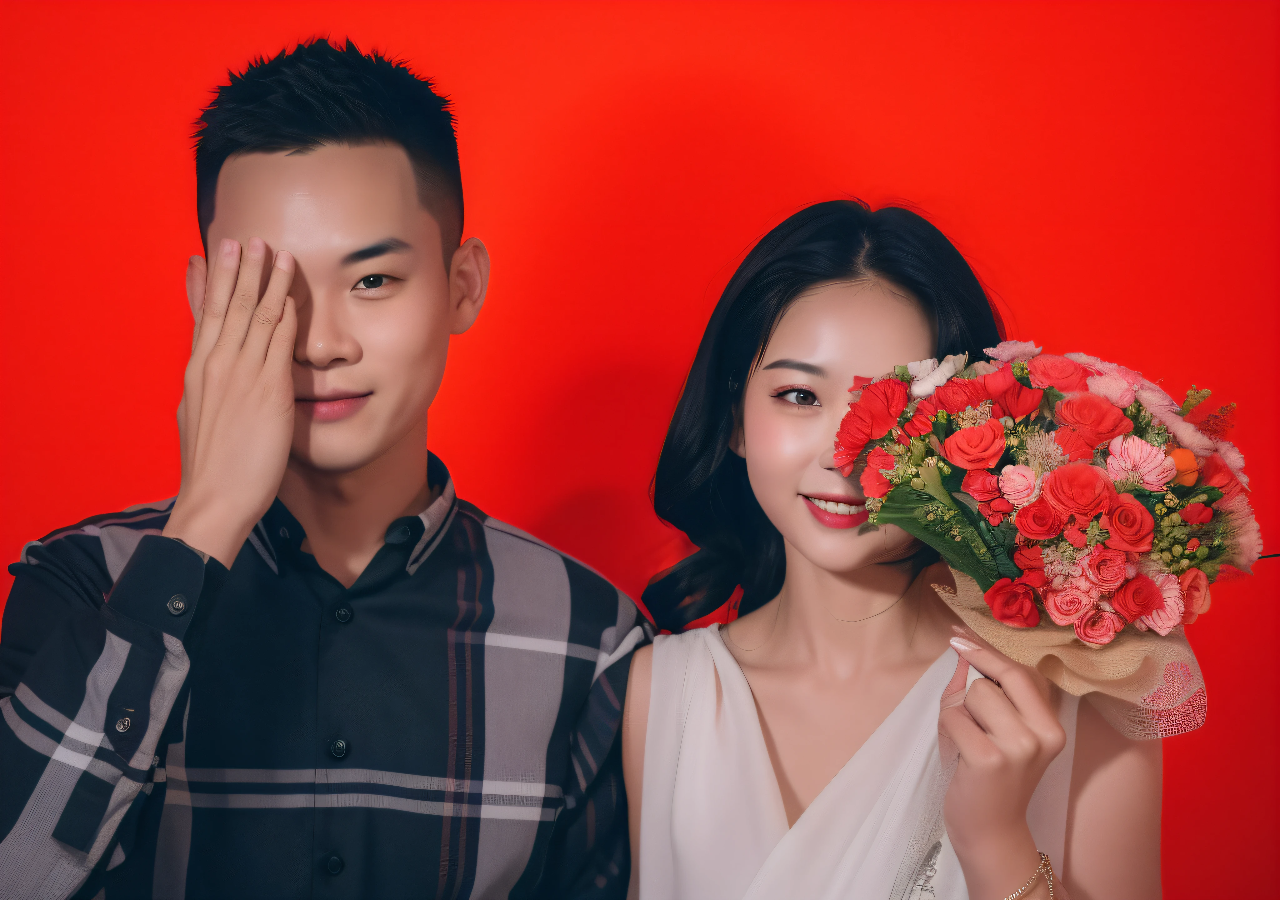 they are posing for a picture with a bouquet of flowers, flowers covering eyes, man and woman in love, on a red background, couples portrait, couple portrait, lovely couple, red mood in background, holding flowers, asian man, couple pose, flowers on heir cheeks, happy couple, romantic couple, portrait shot, with flowers, ruan jia and brom