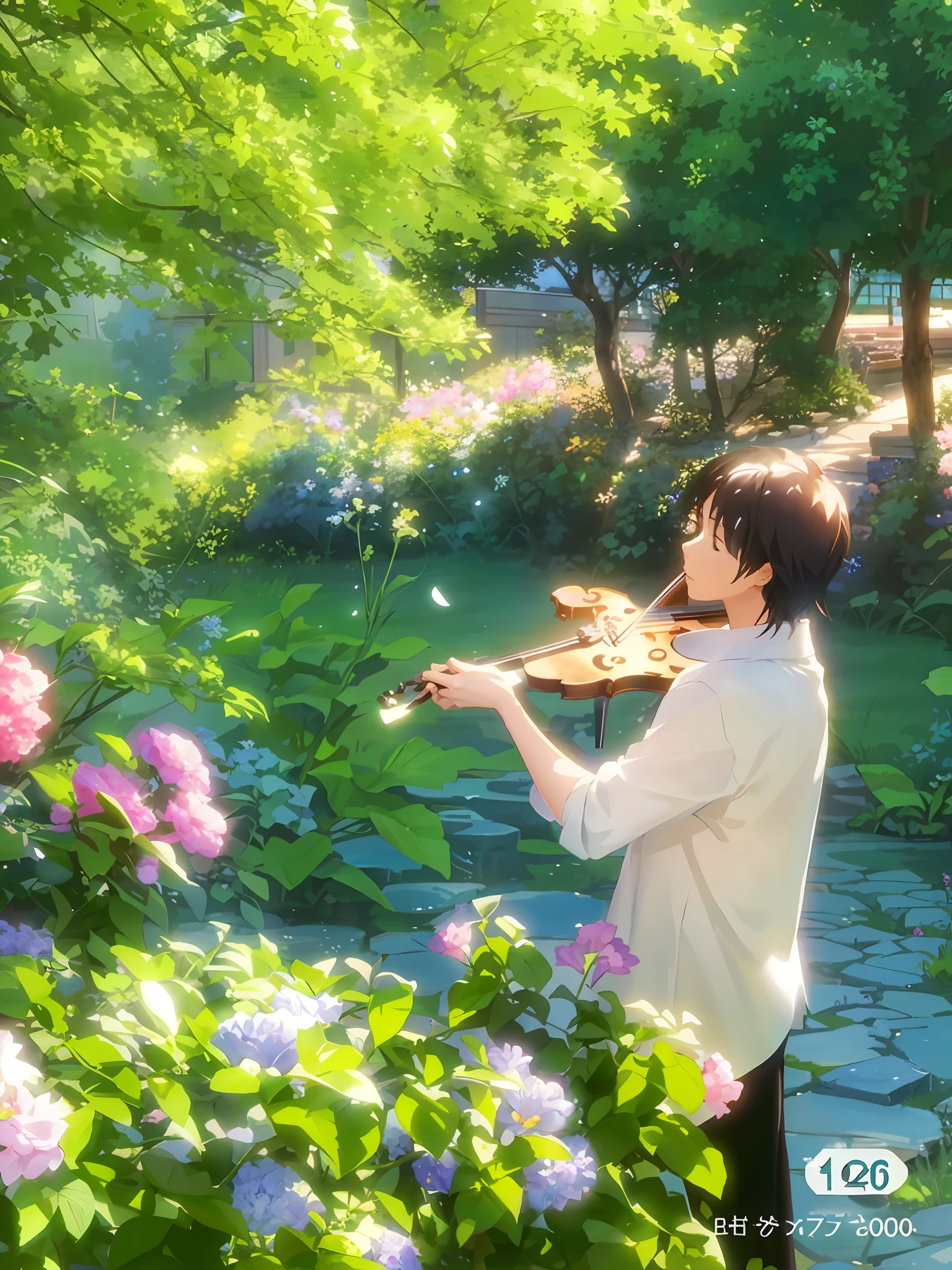 there is a woman playing a violin in a garden with flowers, studio glibly makoto shinkai, makoto shinkai. digital render, makoto shinkai. —h 2160, in style of makoto shinkai, makoto shinkai. octane render, romanticism lain, makoto shinkai style, in style of kyoto animation