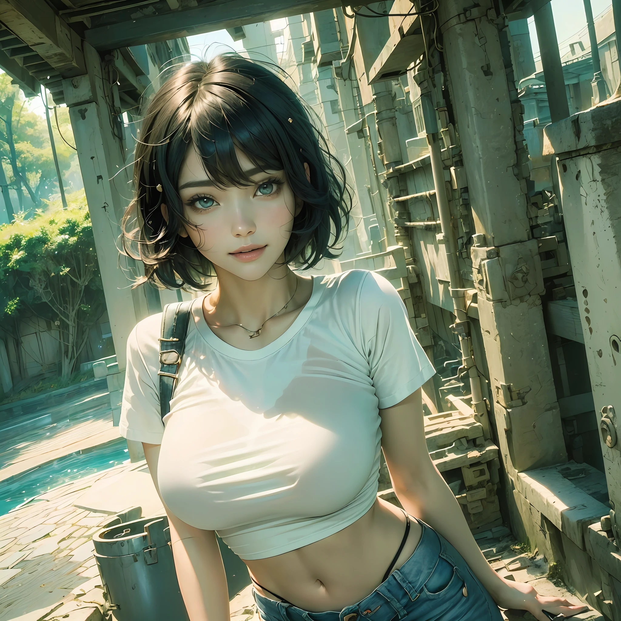 Masterpiece, top quality, ((((Realistic, Photorealistic: 1.37))), 8K, very delicate and beautiful, wonderful, official art with attention to detail, ridiculous, incredibly ridiculous, huge file size, super detailed, very detailed, (beautiful detailed girl), very detailed eyes and face, beautiful detailed eyes, light on the face, nsfw, (one girl), look at the viewer, ( Perfect female figure), slim waist, (Korean beauty), full body, big breasts, standing, abdomen, Idol, (white T-shirt), (denim shorts), black hair, short hair, bangs, summer, sea, (vacation), feminine look, smile --auto --s2