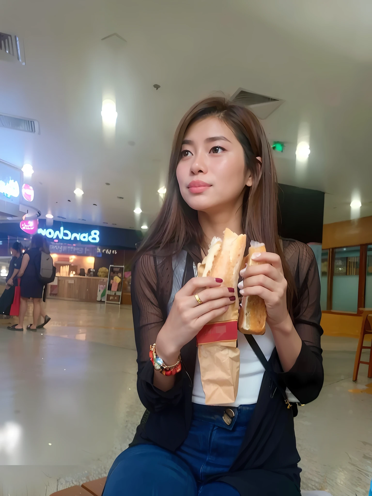 there is a woman sitting on a bench eating a sandwich, eating, cindy avelino, candid photo, holding a baguette, having a snack, at a mall, candid photograph, in a mall, dang my linh, handsome girl, candid picture, nivanh chanthara, 2 7 years old, beautiful lady, 2 8 years old, 2 2 years old