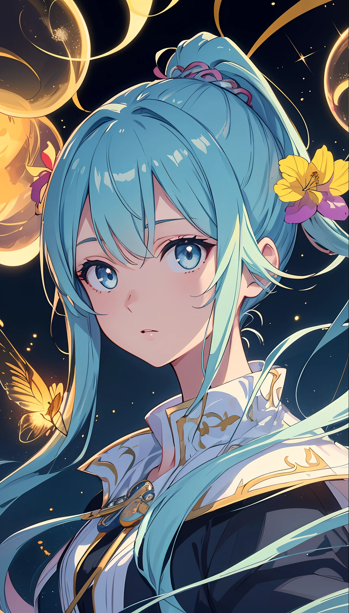 (Masterpiece), (Best Quality), (Super Detail), (disheveled Hair), (Illustration), (One Girl), (Fashionable Clothes), Standing, Fashion Model, Beholder, (Interview), (Simple Background), Finely Beautiful Eyes, Delicate Beautiful Face, Floating, (High Saturation), (Colorful Water Splash), Colorful Bubble, (Shine), Focus on Face, Ponytail, Ayaka Kamisato, Light blue hair, bangs, hair rings, floating flowers, floating hairs, (shining), best lighting, best shadows, Precise iris depiction
,hyper detailed face, complex, perfect, model,  textured, chiaroscuro, professional make-up, realistic, rough, dominating, figure in frame, Super beautiful background drawn by WLOP, cinematic lighting, stars, fireflies, ethereal,