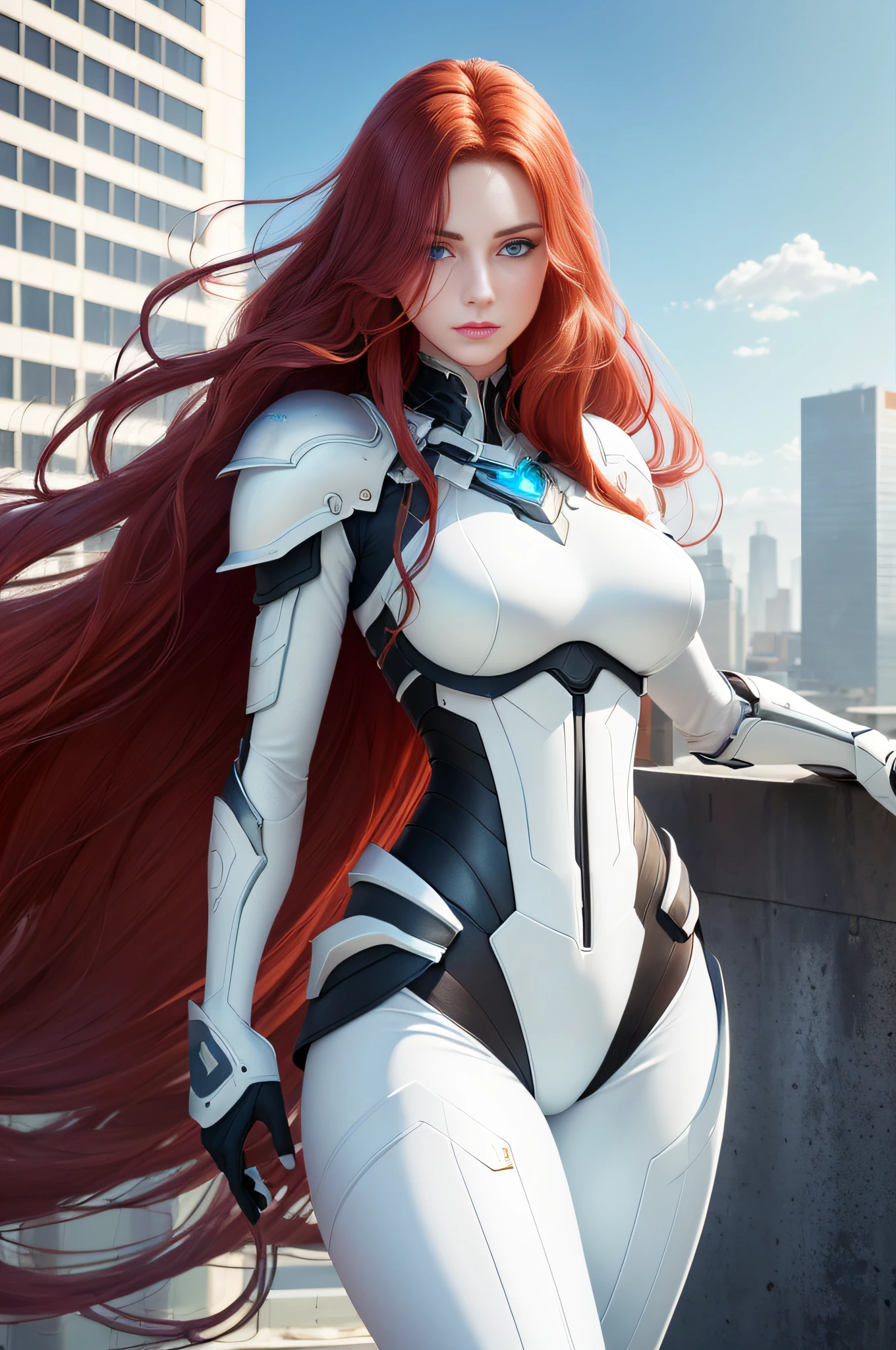 A woman, (long crimson hair, big waves: 1.5), (melon face: 1.3), (royal sister: 1.3), best image quality, (masterpiece: 1.3), (ultra-high resolution: 1.2), (complex white armor: 1.4), (hand detail close-up: 1.4), (high definition: 1.2), (blue eyes: 1.5), (mixed American beauty: 1.2), (serious: 1.2), (young: 1.5), (Detailed Face Close-up: 1.5), (Realistic skin texture: 1.6), (3D: 1.2), (Science fiction: 1.4), (Physical Rendering: 1.5), (Small mouth: 1.2), (Soft light and shadow effects: 1.2), (High-rise buildings, bustling modern city background: 1.6), (Standing on the rooftop 1.6), (Perfect body, thin waist, big breasts, long legs: 1.3), frontal perspective