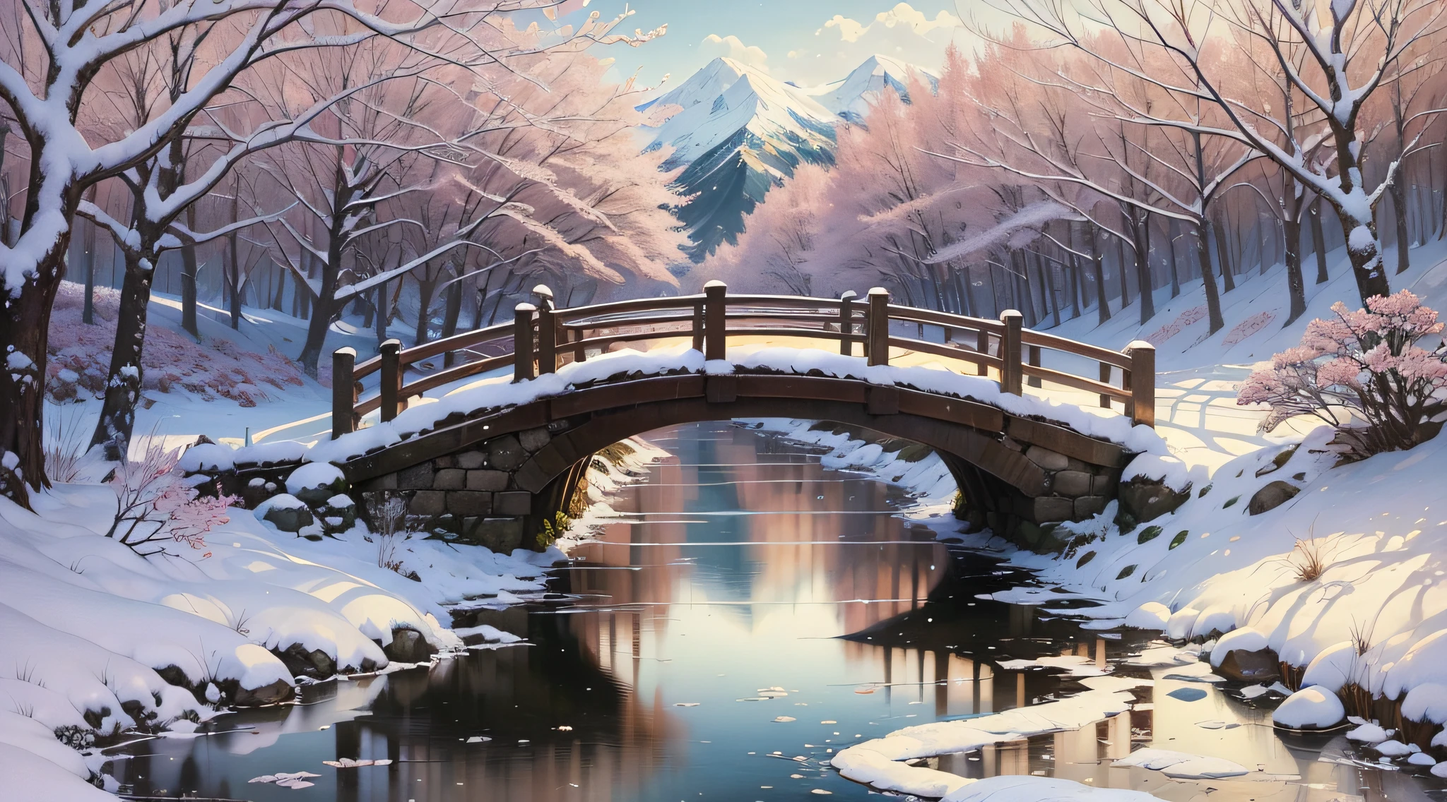 Real, real, beautiful and amazing landscape oil painting, Studio Ghibli, Hayao Miyazaki, winter, creek, plum blossoms