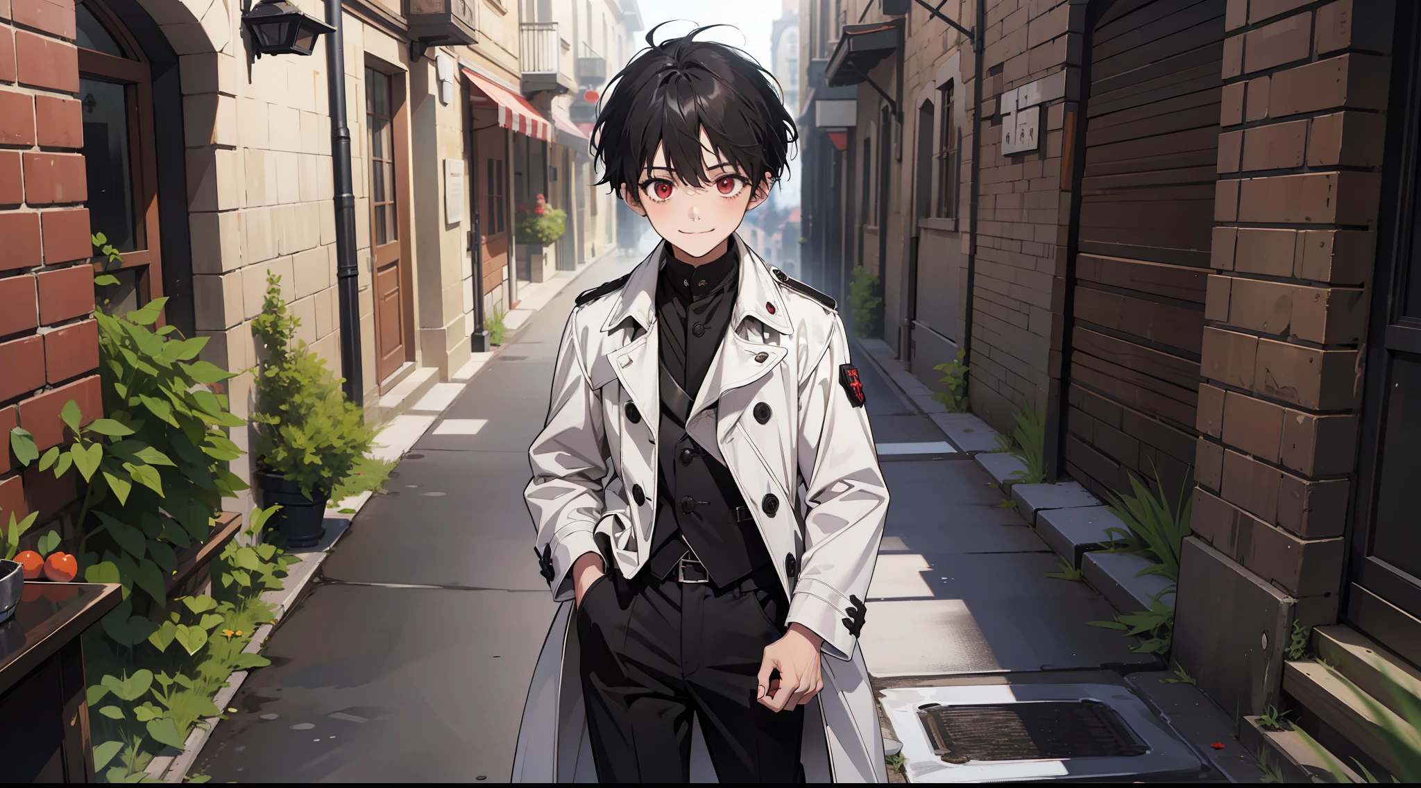 (absurd, high resolution), (panorama), , red eyes, short hair, black hair, smile, white underwear, black trench coat, black trousers, black boots, medieval town, square, daytime, antique, extreme detail,