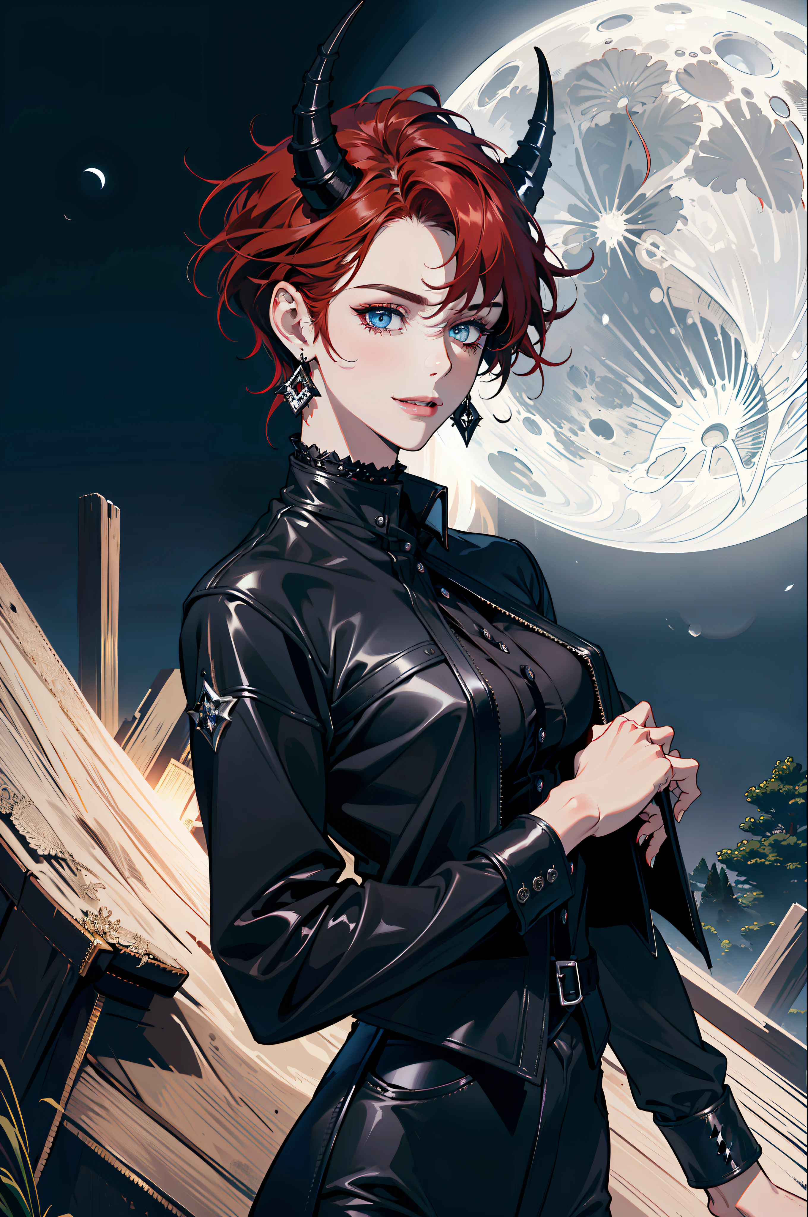 (absurdres, highres, ultra detailed), 1 girl, adult, handsome, tall, broad shoulders, finely detailed eyes and detailed face, black leather clothes, night, smile, dutch angle, short red hair, moon, forest, black horns in his head, silver details, earrings, black chocker, gothic, dark, vampire, black pants, horns, blue eyes