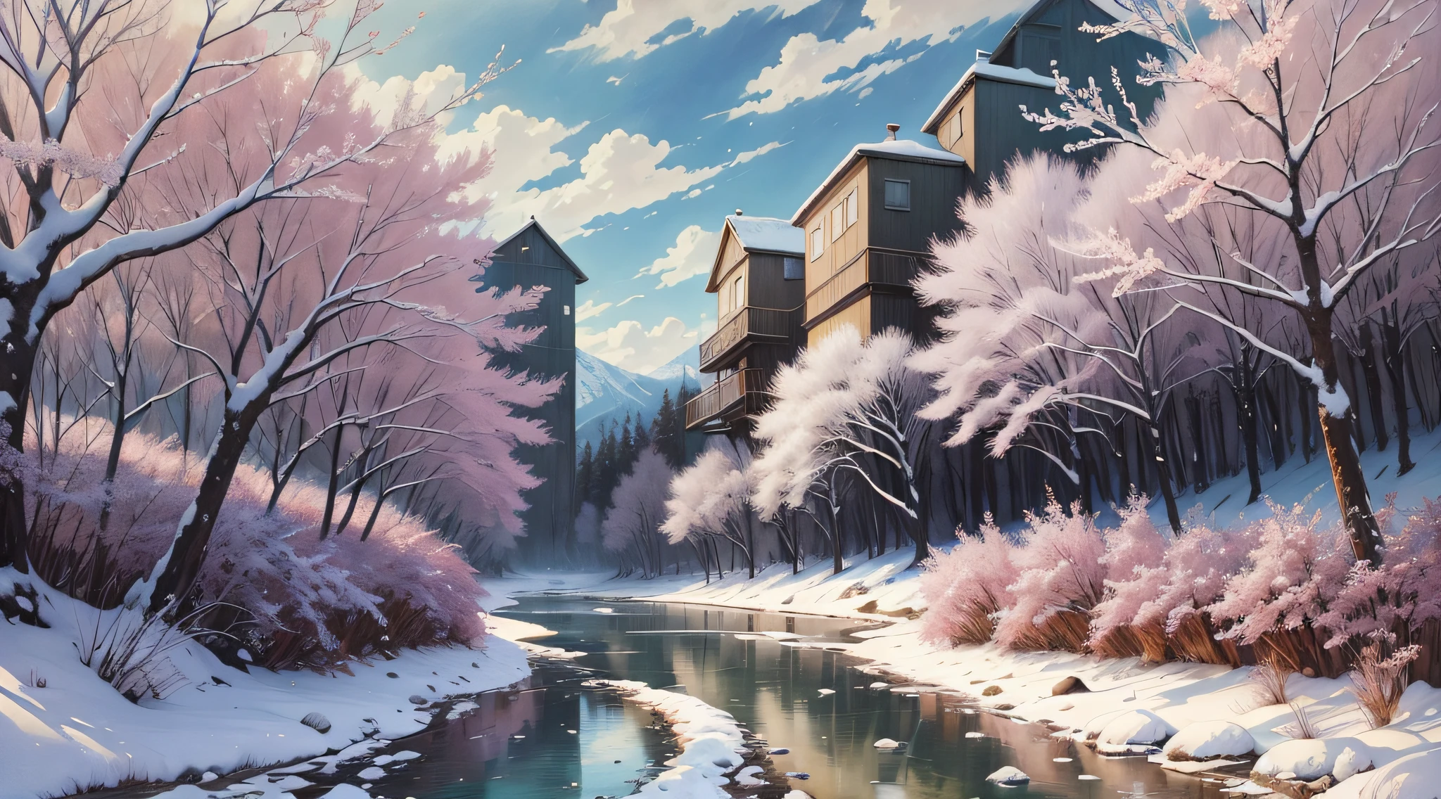 Real, real, beautiful and amazing landscape oil painting, Studio Ghibli, Hayao Miyazaki, winter, creek, plum blossoms