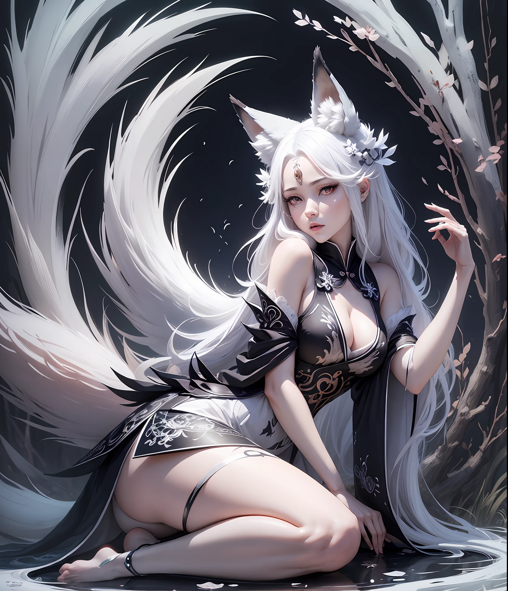 Drawing of a fox with white hair sitting on a branch, ethereal fox, nine-tailed fox, fox three-tailed fox, onmyoji detailed art, nine-tailed, beautiful artwork illustration, mythological creature, fox, beautiful Digital artwork, exquisite digital illustrations, mizutsune, inspired by mythical creatures Wildnet, digital art on pixiv, strong light, high contrast, horror movie theme, dark atmosphere --auto --s2