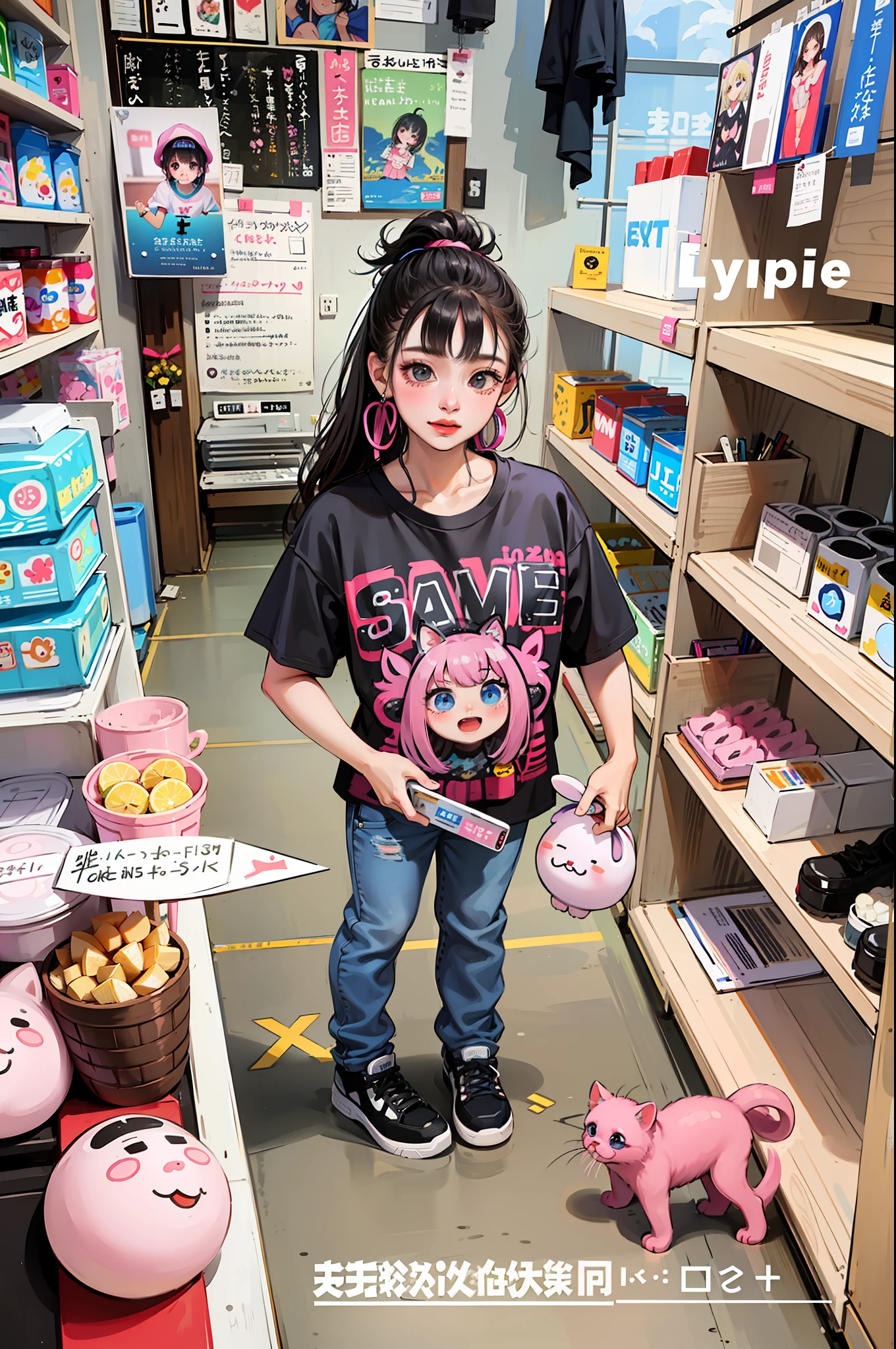 There is a  girl standing in the store, so cute, super cute and friendly, black pink Josie, けもの, E-girl, kawaii shirt and jeans, electronic girl, Ruan cute vtuber, Snapchat photos, cute girl, black pink Rosanna Park, Ultra HD, 8k, Best Light, 6 year o 1girl, super cute, fair skin, (big watery eyes: 1.3, 🤬 🎀 💕 💕 🤮 🎀 🤮 😭 long eyelashes), （kpop，idol，6years old_girl），smileace