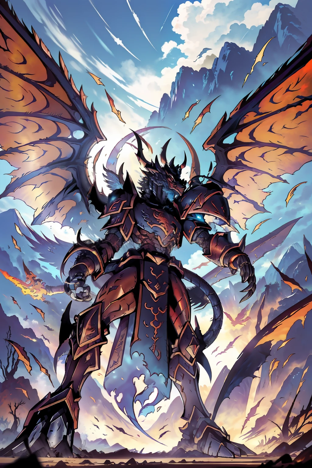 1 Warrior (dragon's head (chapped skin, majestic and solemn), human body (alloy armor)), standing (standing painting, attack stance), wings (demon wings, outstretched wings, wings covering the sky), cracked earth (hot magma, dry riverbed)