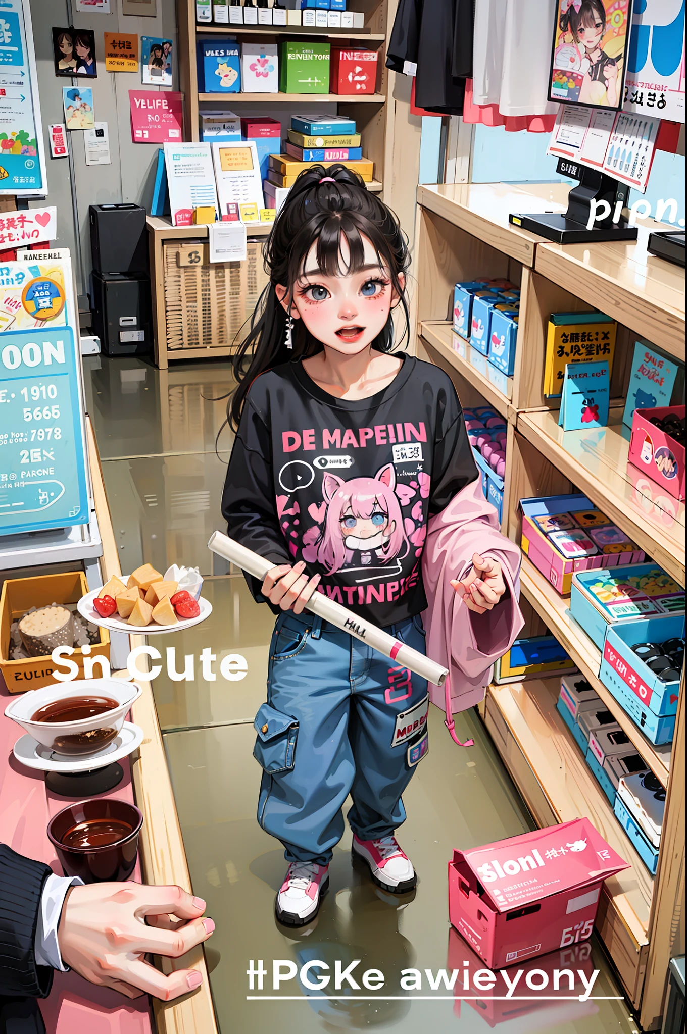 There is a little girl standing in the store, so cute, super cute and friendly, black pink Josie, けもの, E-girl, kawaii shirt and jeans, electronic girl, Ruan cute vtuber, Snapchat photos, cute girl, black pink Rosanna Park, Ultra HD, 8k, Best Light, 6 year old little girl, 1girl, super cute, fair skin, (big watery eyes: 1.3, 🤬 🎀 💕 💕 🤮 🎀 🤮 😭 long eyelashes), (kpop,idol,6years old_girl),smile face