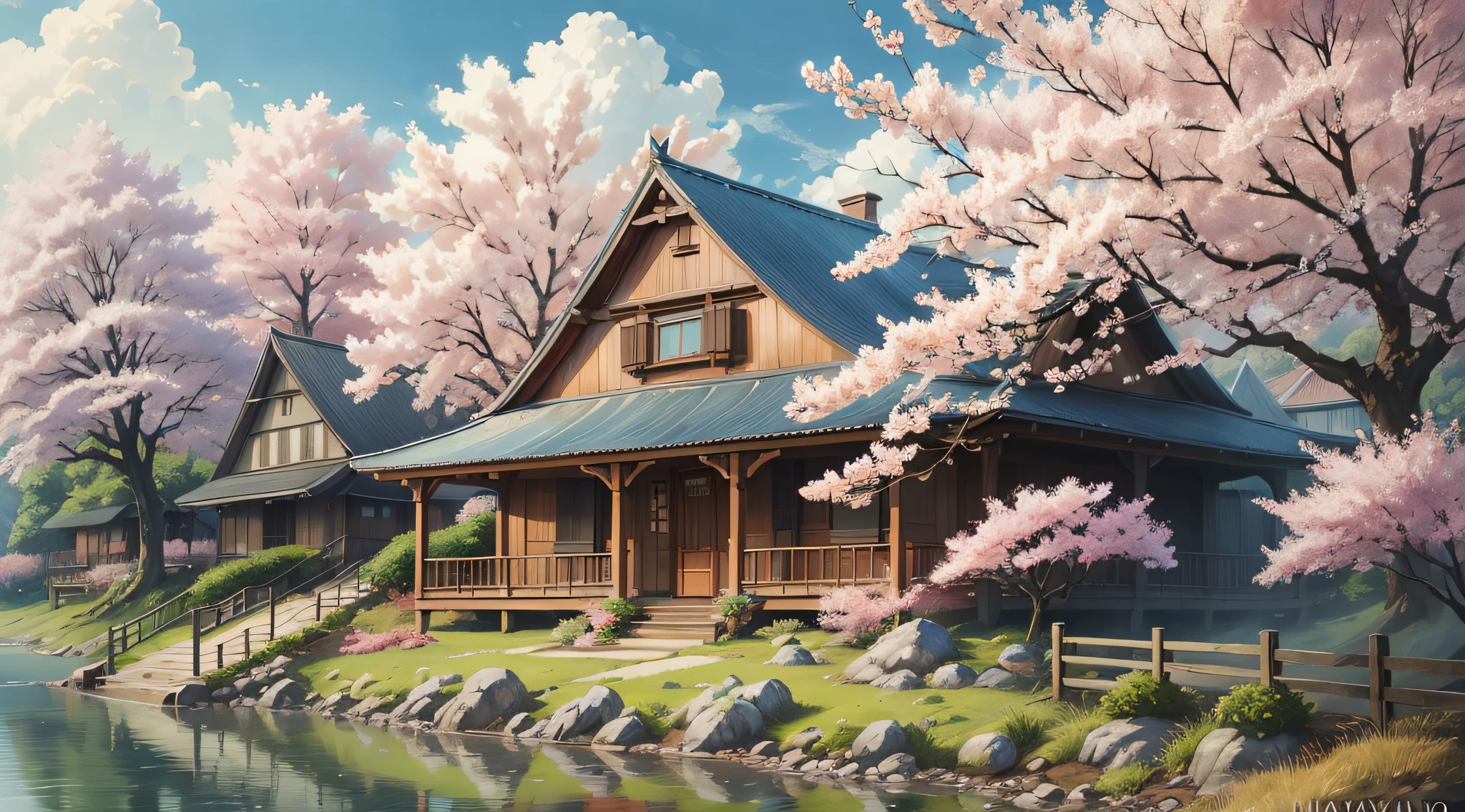 Realistic, real, beautiful and amazing landscape oil painting, Studio Ghibli, Hayao Miyazaki's, cherry blossoms