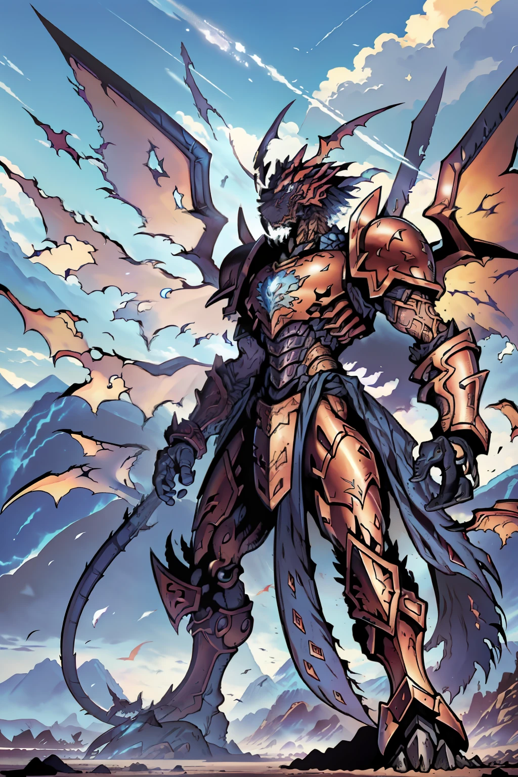 1 Warrior (dragon's head (chapped skin, majestic and solemn), human body (alloy armor)), standing (standing painting, attack stance), wings (demon wings, outstretched wings, wings covering the sky), cracked earth (hot magma, dry riverbed)