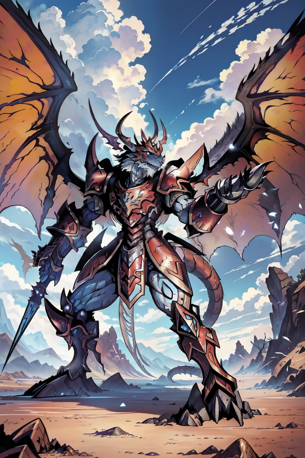 1 Warrior (dragon's head (chapped skin, majestic and solemn), human body (alloy armor)), standing (standing painting, attack stance), wings (demon wings, outstretched wings, wings covering the sky), cracked earth (hot magma, dry riverbed)