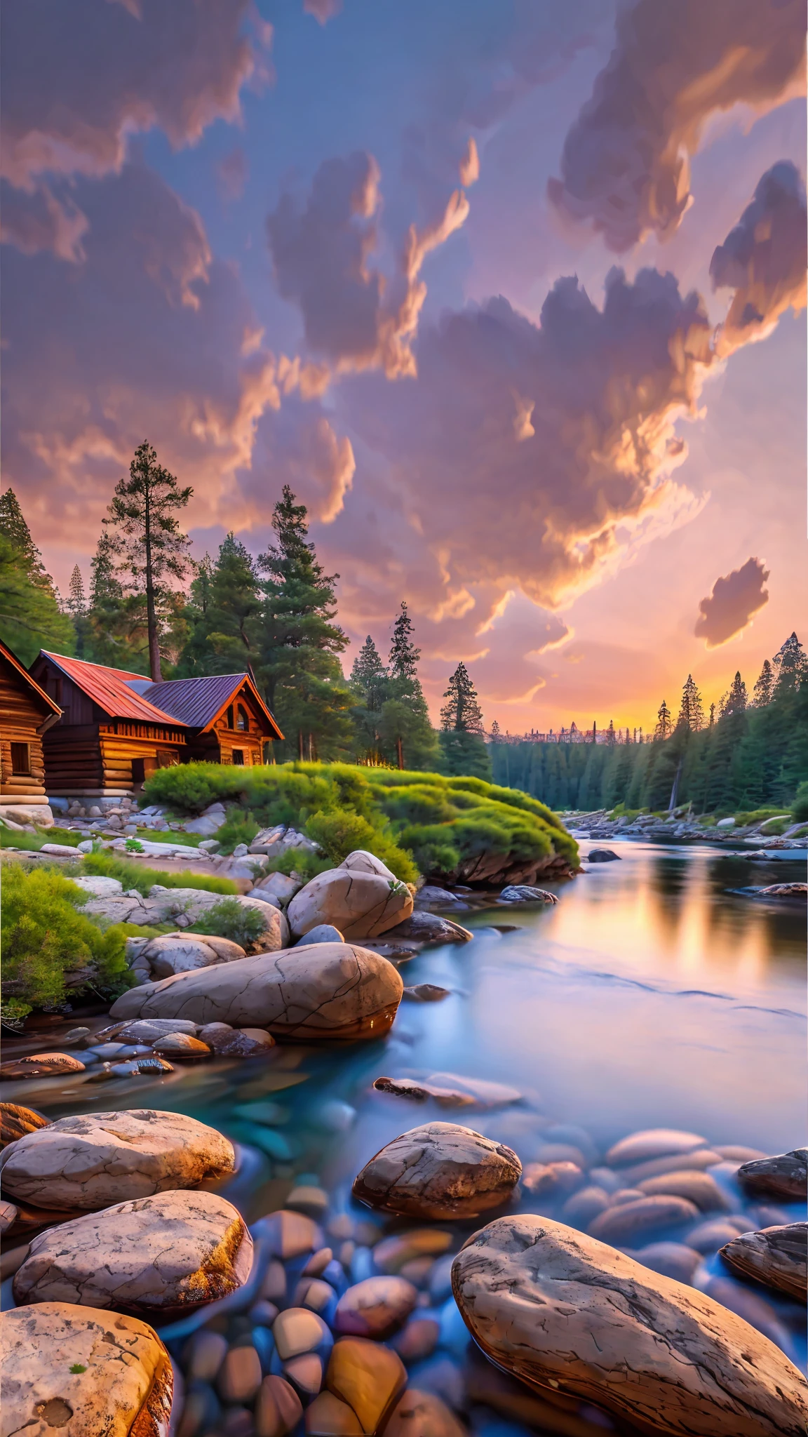 (Digital Painting), (Best Quality), Calm European Nature, (Pine Forest), Bubbling River with Rocks, ((Wooden House on the Coast)), (Pedestrian Bridge), Cumulus, Popular Deviant Art, Ultra-Realistic 8k, Pastel Color Schemes, Soft Lighting, Golden Hour, Calm Atmosphere, Rising Sun --auto --s2
