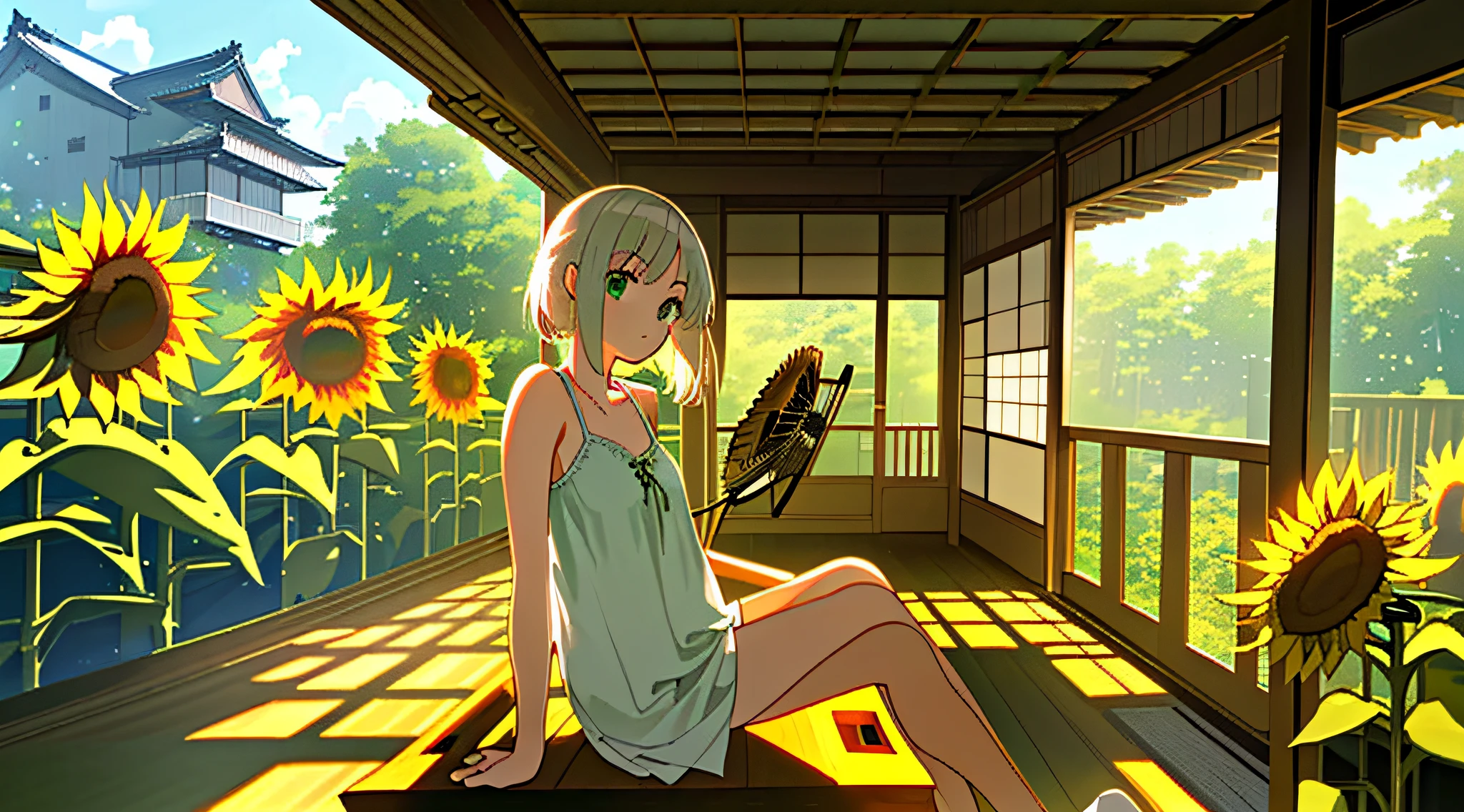 (Masterpiece, best quality, white-haired girl sitting on house balcony blowing electric fan in white camisole out, large floor-to-ceiling windows outside the patches of sunflowers, summer sunny, Japanese cottage, green, healing.)