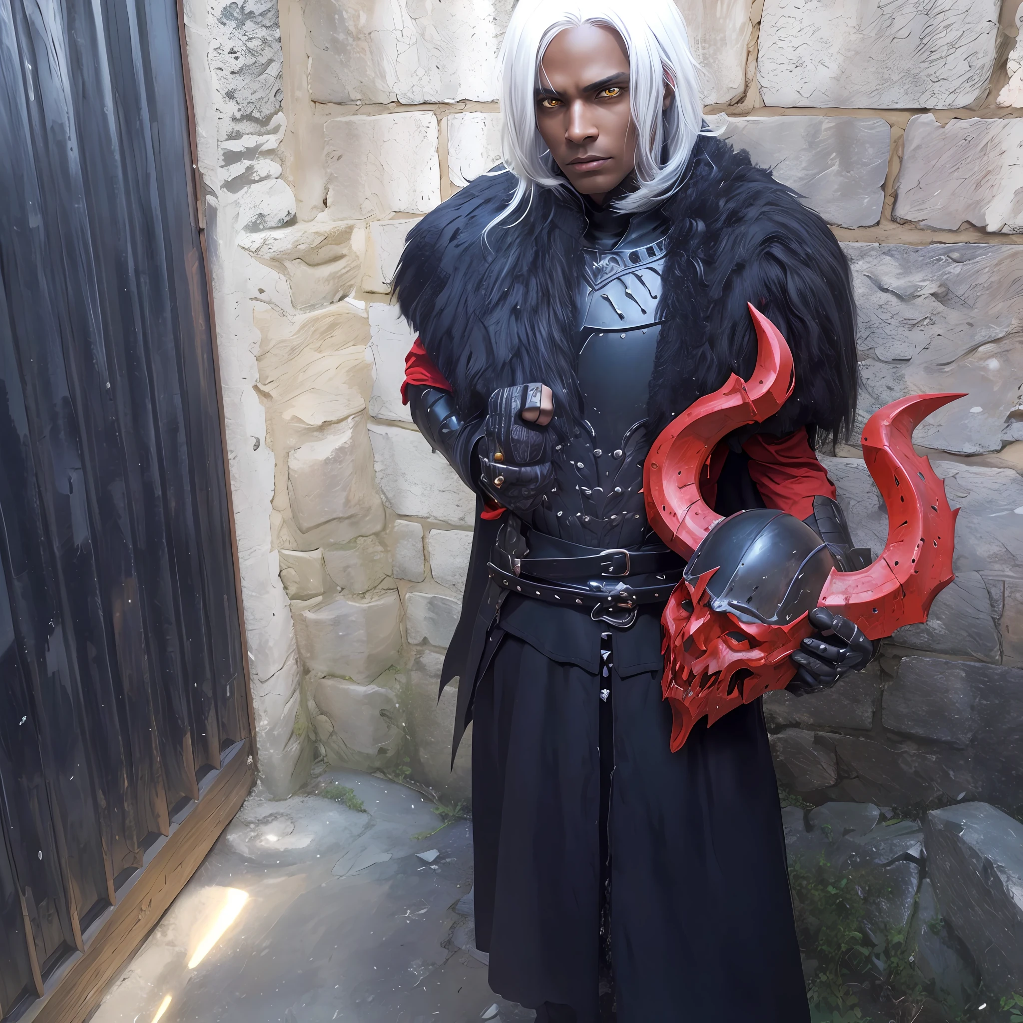 Black knight, castle at night, Gothic Realistic, 4k, brown skin, straight white hair, yellow eyes, holding a demon helmet