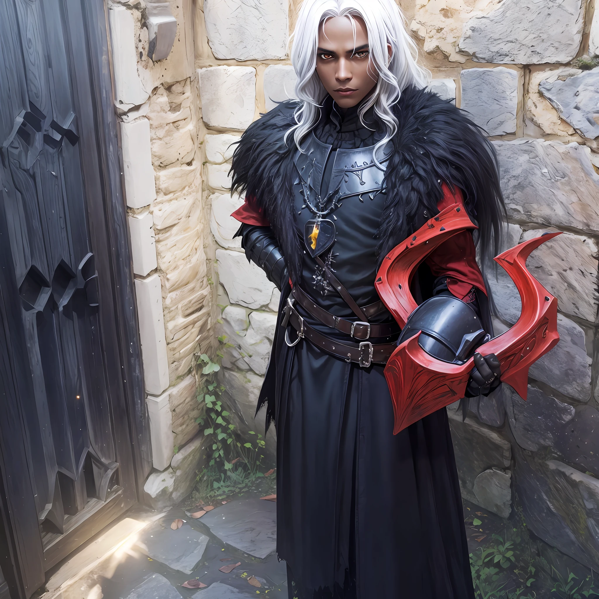 Black knight, castle at night, Gothic Realistic ,4k, brown skin, straight white hair, yellow eyes