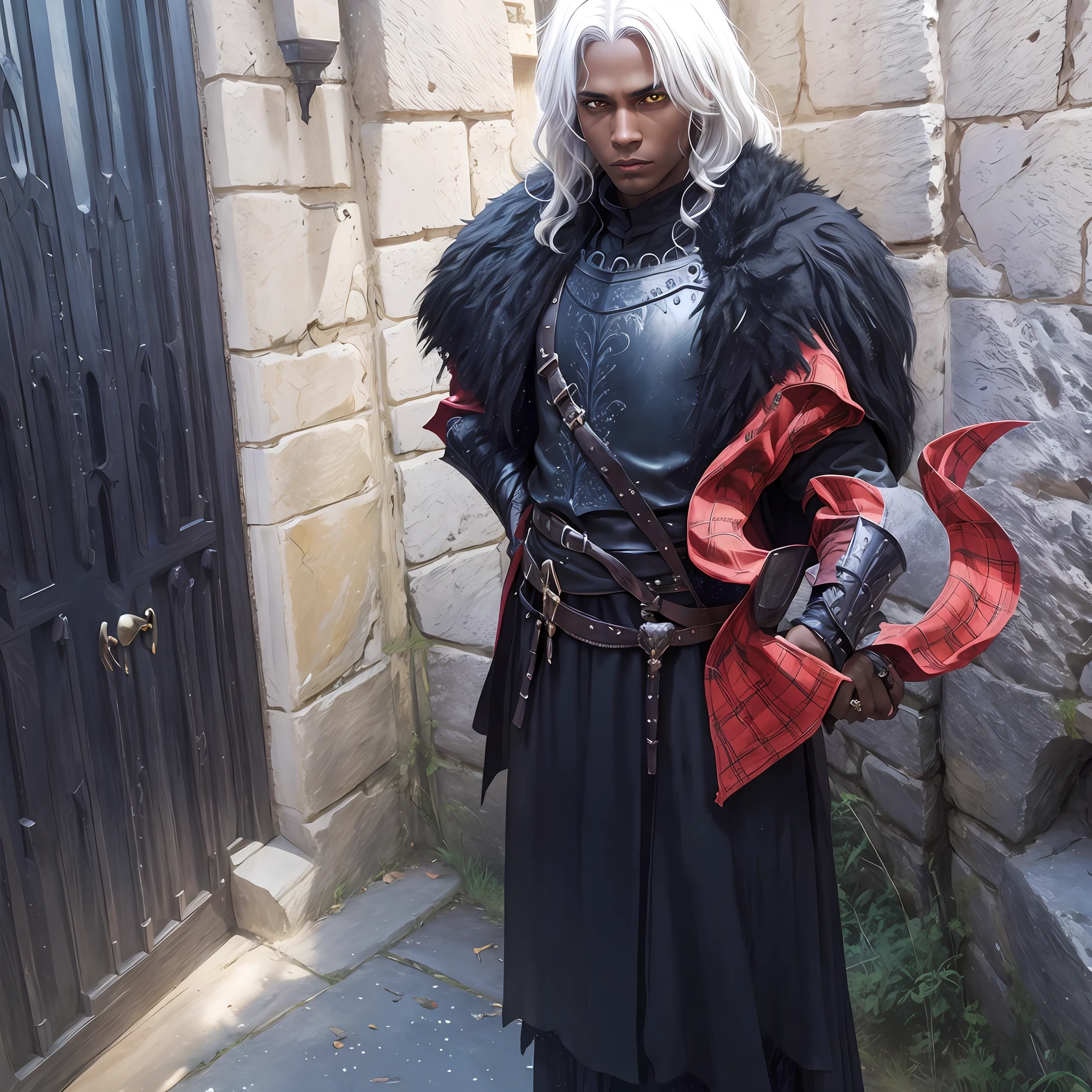 Black knight, castle at night, Gothic Realistic ,4k, brown skin, straight white hair, yellow eyes