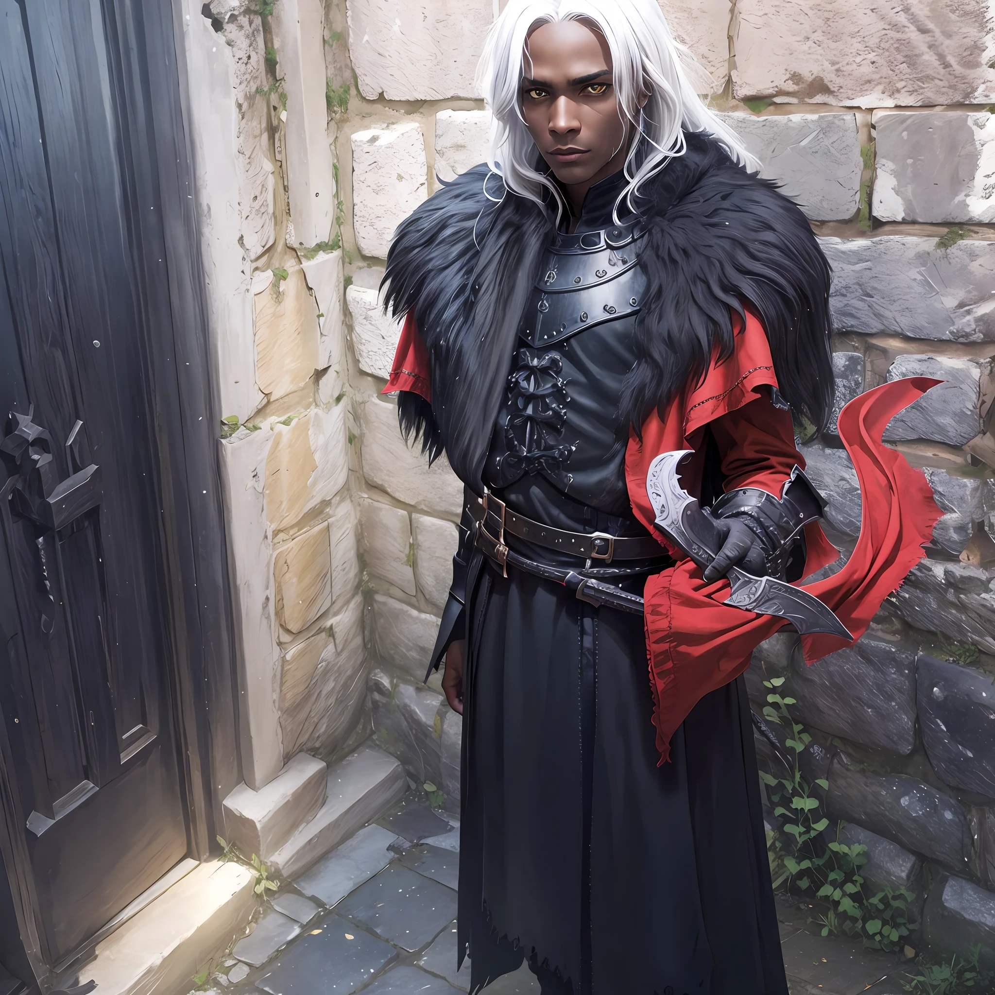 Black knight, castle at night, Gothic Realistic ,4k, brown skin, straight white hair, yellow eyes