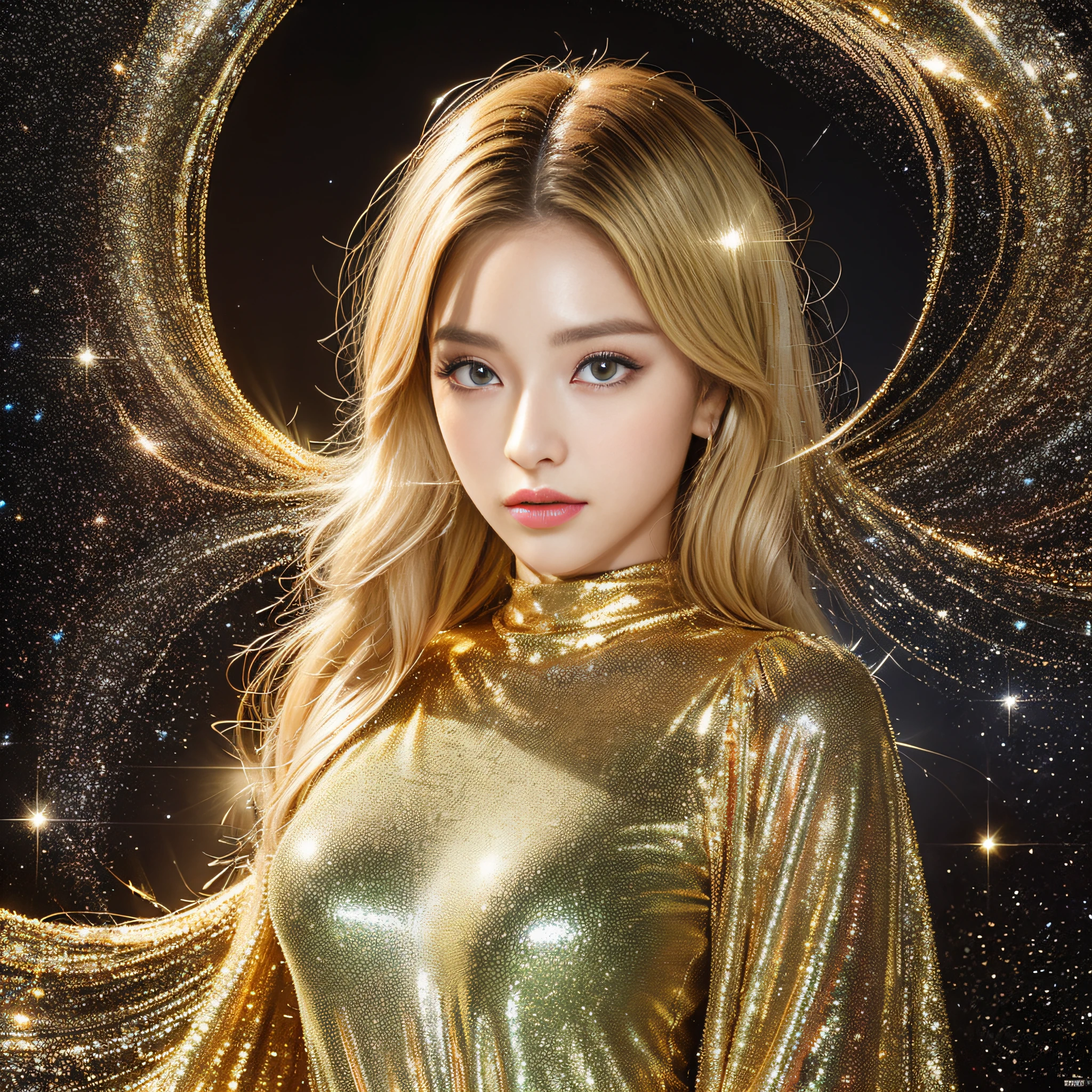 32k, High Definition, Venusian, Female (Transparent and Shining Skin), Orora, Glittering Clothes, Beautiful Face, (Golden Eyes, Big Eyes), Andromeda Nebula on Dark Background,