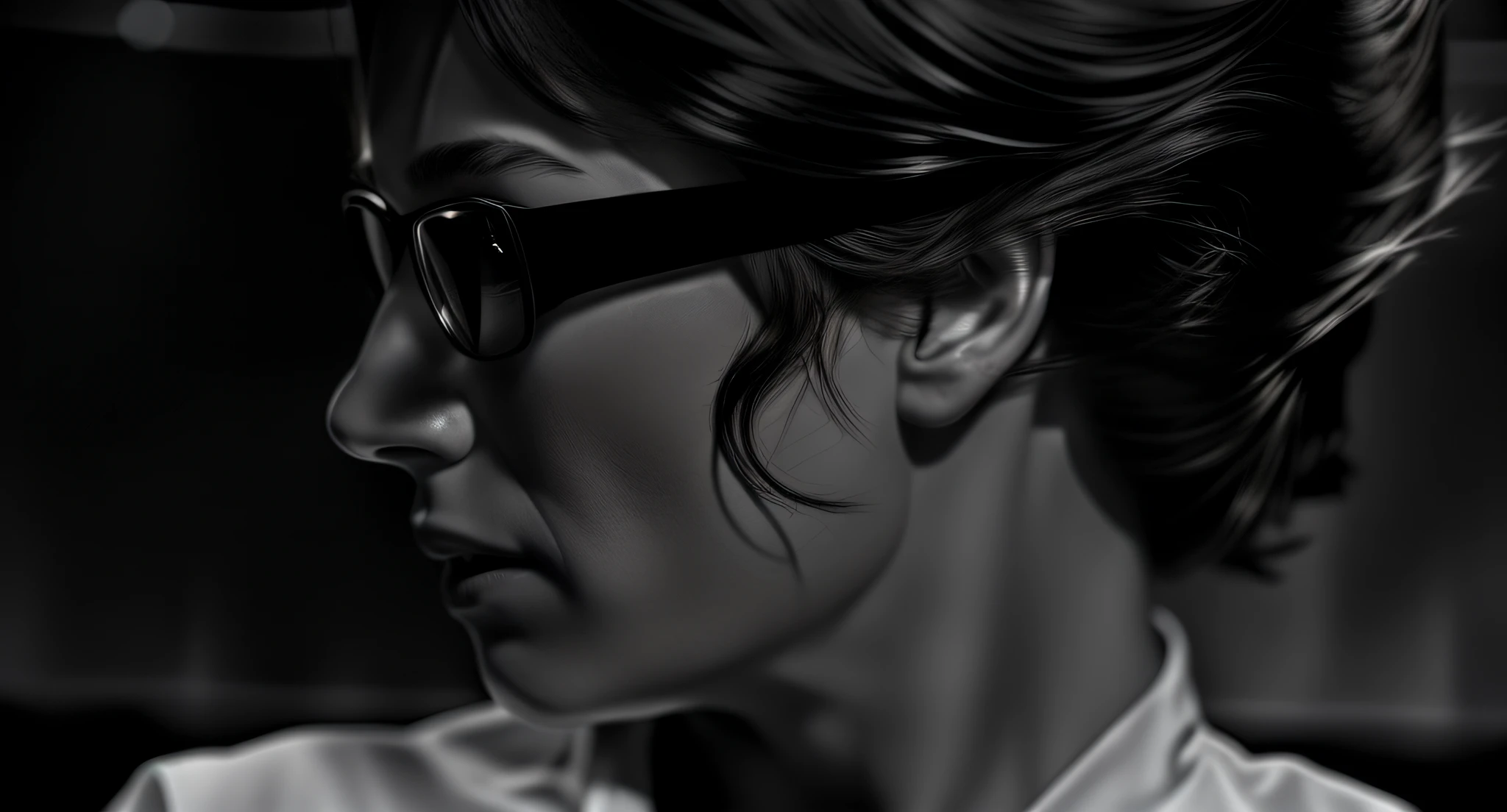 (Very realistic composition as in the original image:1.5), Woman with glasses looking to the right, (Perfect reproduction including light and shadow of white clothing around the neck and over the shoulders.:1.2), 1woman, (Reproduction of two thin moles on the cheeks of the face under the sunglasses as they are in the original photo: 1.7), (no earrings: 1.7), using LoRA from the ICBINP model and Zeiss lens style to convert a black and white photo into a high-resolution, realistic color image. We aim to create a complete close-up portrait shot with an emphasis on reproducing the texture of the film when it is photographed and the natural shades of women's skin and hair.