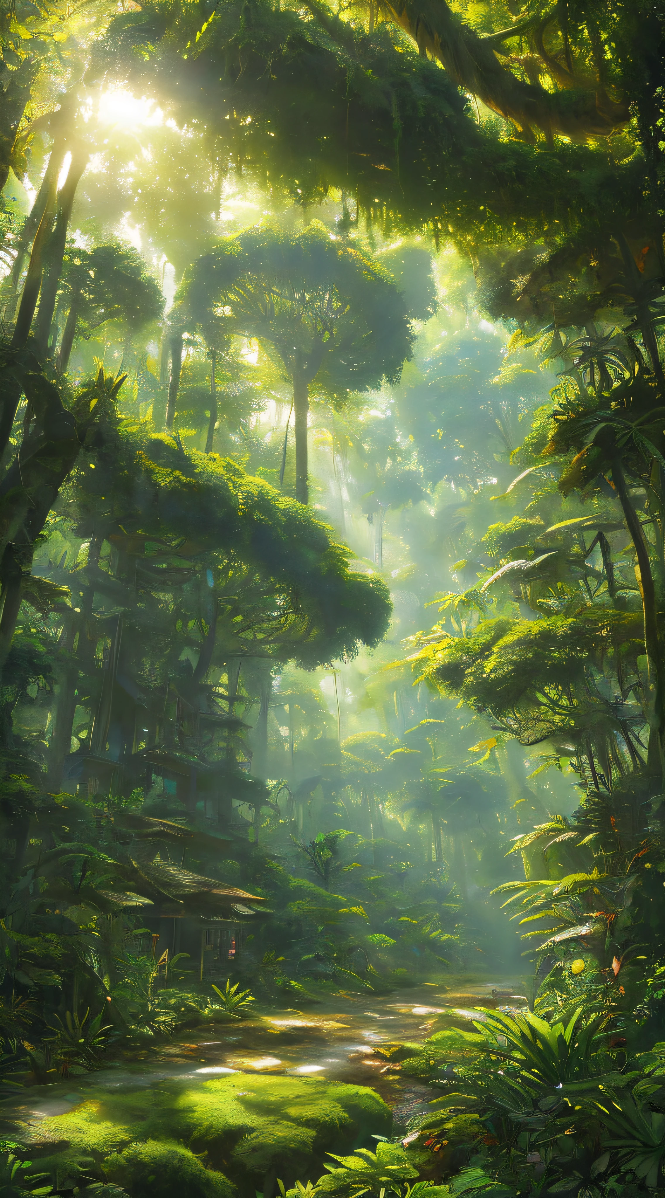 A detailed and intricate digital illustration of a dense jungle full of exotic flora and fauna, with sunlight filtering through the canopy creating a dappled effect. Yoshitaka Amano and Hayao Miyazaki's style, masterpieces, proportions, details, art station trends, beautiful lighting, realistic, intricate, award winning, 4k, highest quality award winning, 4K digital painting in the style of Yoshitaka Amano. A detailed and intricate depiction of the zombie apocalypse, masterfully capturing the chaos and drama of the scene. Beautiful lighting and cinematic composition make this piece a true masterpiece, trending on artstation