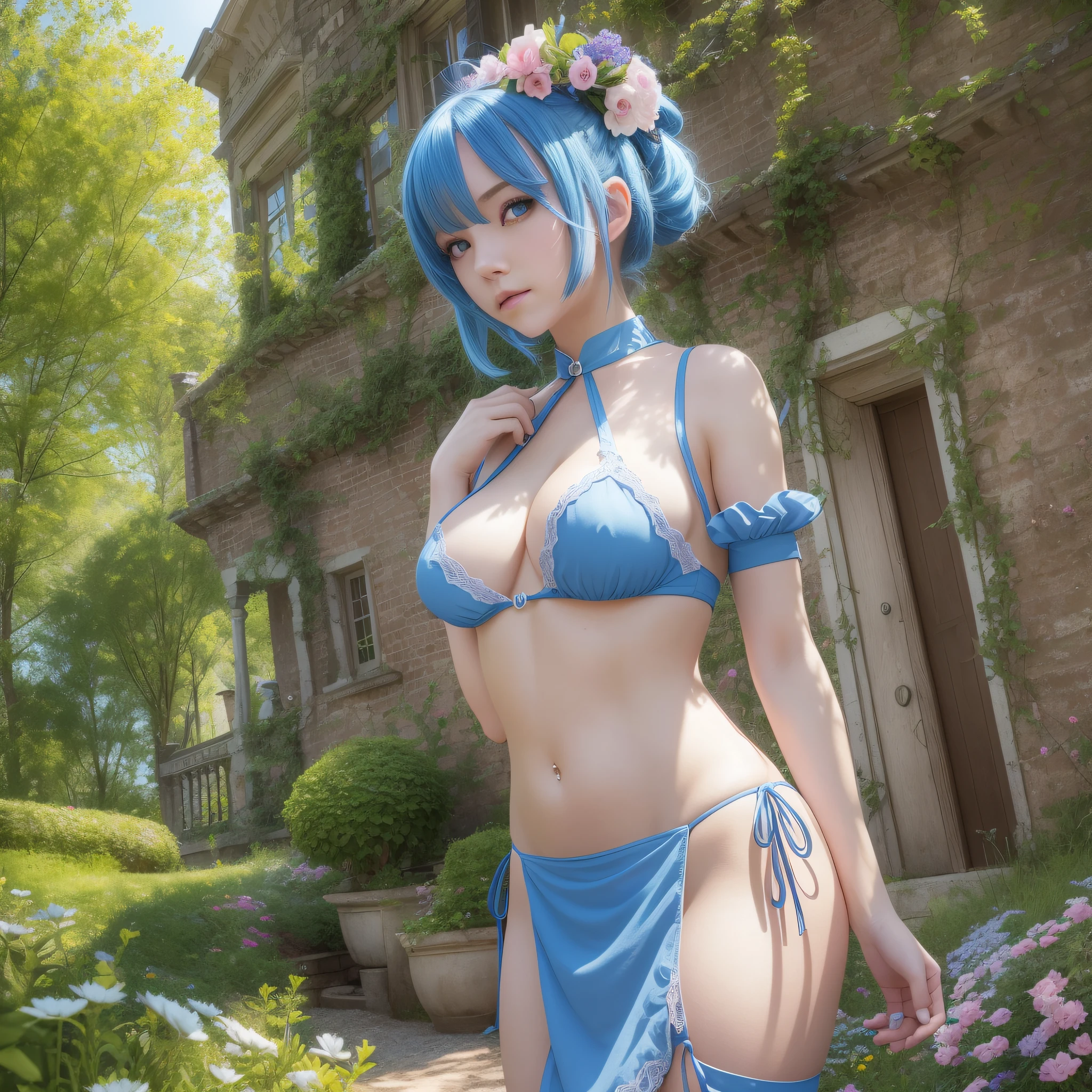 Masterpiece, Best Quality, Ultra Detailed, Illustration, Epic Lighting, Film Composition, Colorful, Sharp: 1.3, 1girl, rem_\(re:zero\), Medium breasts, Blue hair, Short hair, (hair in one eye: 1.3), eyes_visible_through_hair, blue eyes, roswaal_mansion_maid_uniform, bikini, garter, standing, upper body, outdoor, mansion, summer, garden, flowers, trees, meadow, shrubs, sunlight, (extremely fine CG:1.2), (8k :1.1), --auto --s2