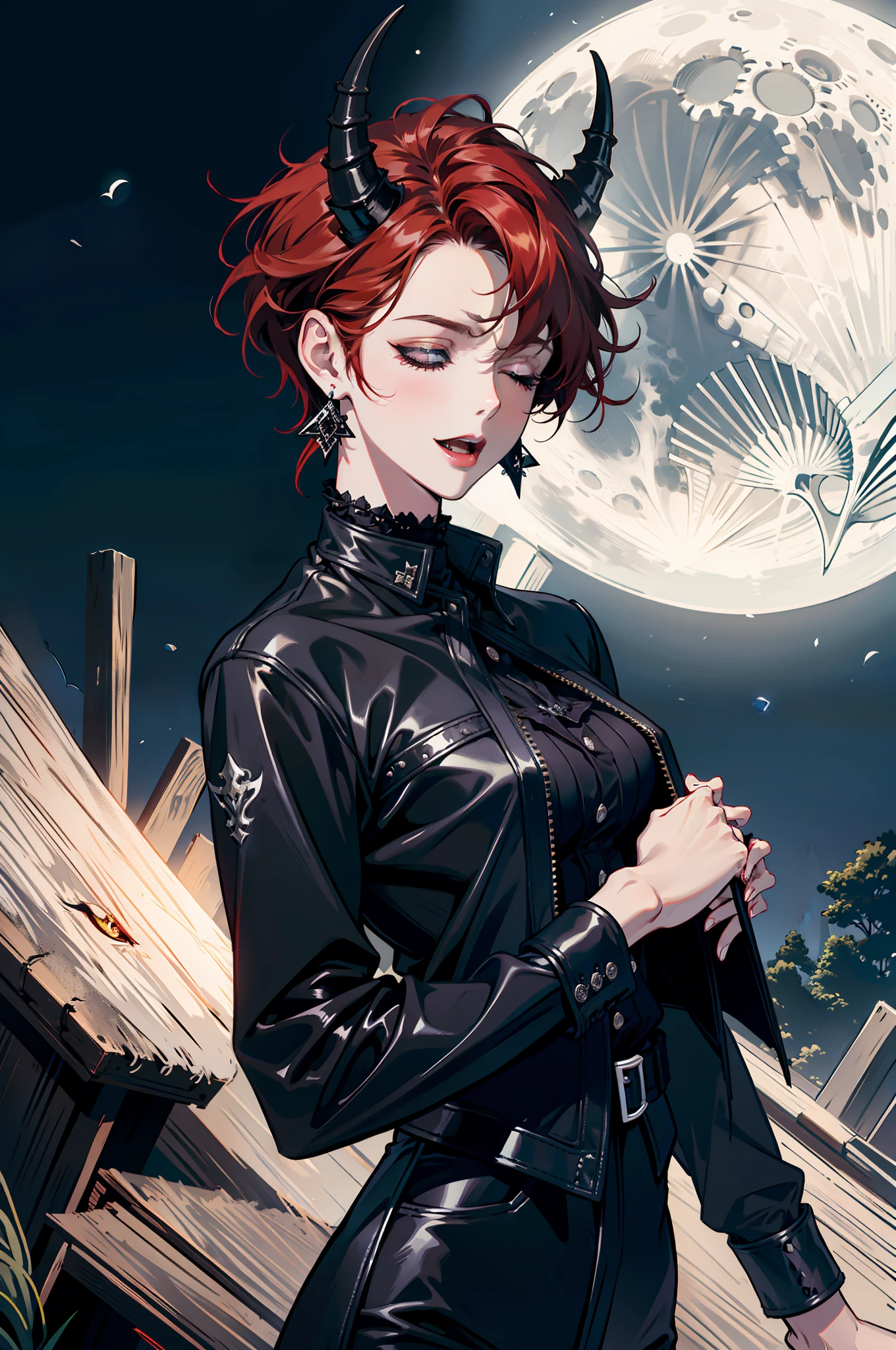 (absurdres, highres, ultra detailed), 1 girl, adult, handsome, tall, broad shoulders, finely detailed eyes and detailed face, black leather clothes, night, smile, dutch angle, short red hair, moon, forest, black horns in his head, silver details, earrings, black chocker, gothic, dark, vampire, black pants, horns, closed eyes, open mouth