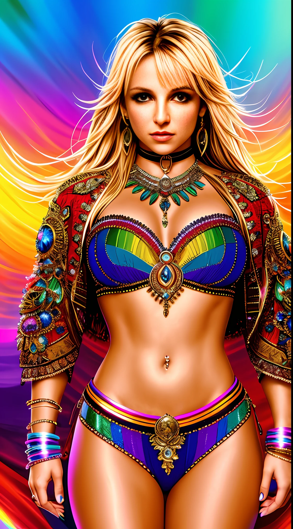 Create Britney Spears in Full Body Photography of the World's Most Beautiful Artwork, A Beautiful Woman In Intricate Costume Burning In The Desert, Rainbow Colors, ArtStation, CGSociety, Complex, High Detail, Clear Focus, Dramatic, Realistic Pictorial Art Trends Greg Rutkovsky
