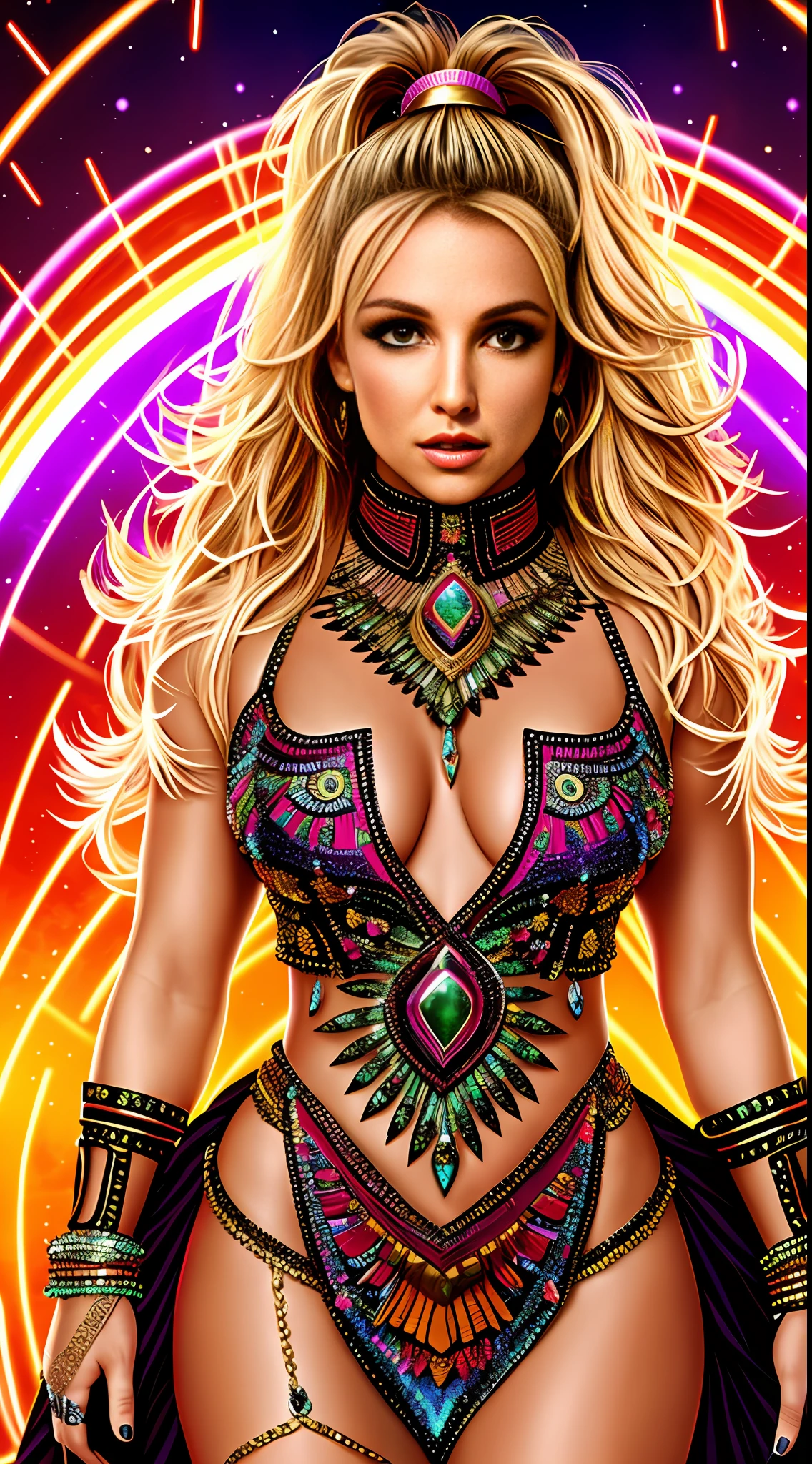 Create Britney Spears in Full Body Photography of the World's Most Beautiful Artwork, A Beautiful Woman In Intricate Costume Burning In The Desert, Rainbow Colors, ArtStation, CGSociety, Complex, High Detail, Clear Focus, Dramatic, Realistic Pictorial Art Trends Greg Rutkovsky