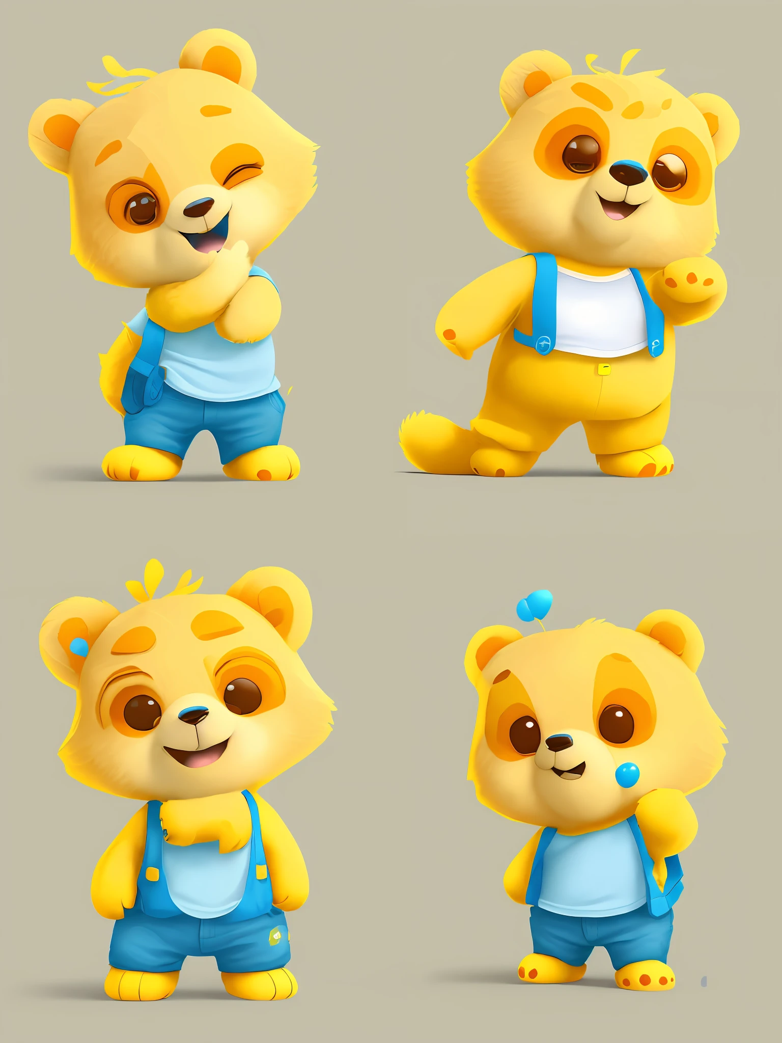 Yellow bear, blue T-shirt, cheeky expression, approachable, affinity, cute, frontal