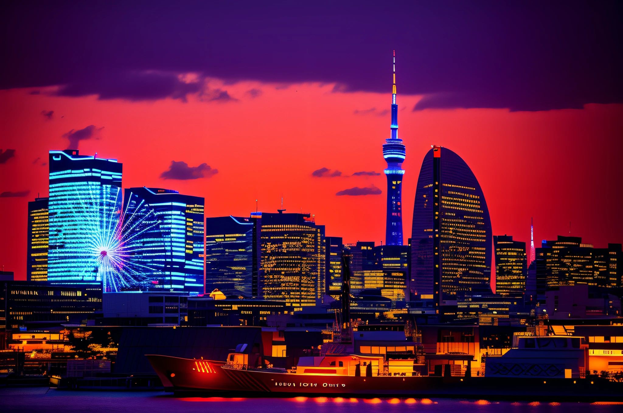 arafly lit city skyline with a boat in the water at dusk, tokyo city in the background, skyline showing, tokyo city, tokyo in the background, tokyo at night, golden hour in tokyo, tokyo japan, osaka skyline background, in tokyo at night, tokio futuristic in background, tokio, tokyo, japanese city at night, tokyo futuristic in background