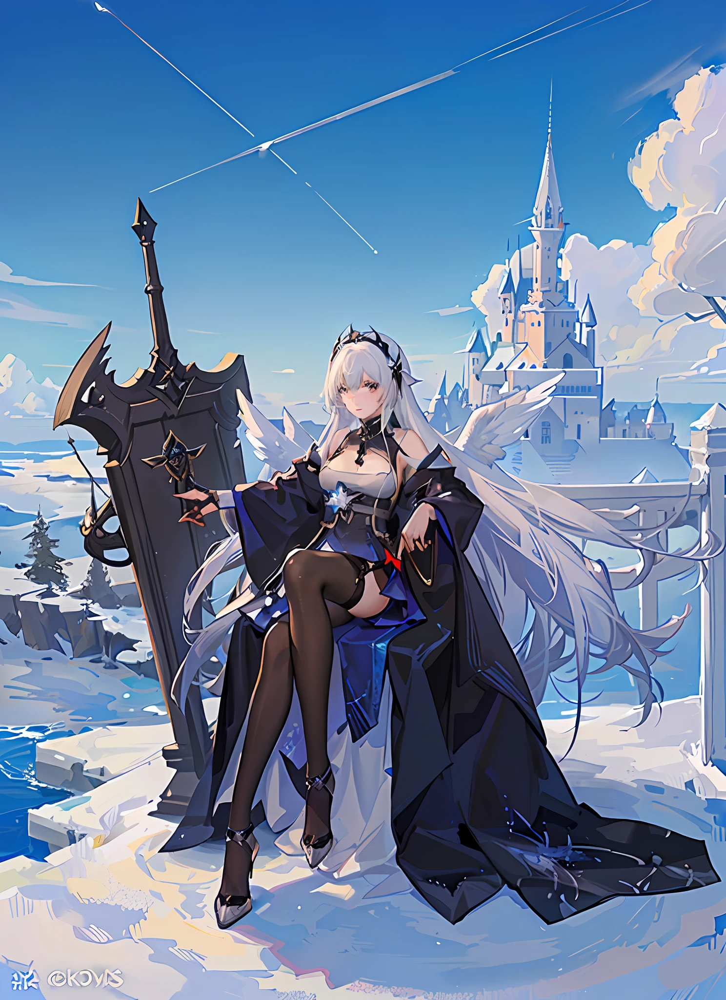 Anime girl with sword and wings standing on a rock in front of a castle, sky witch, white-haired deity, sitting on a throne Angel Knight Girl, Trending on ArtStation Pixiv, Highly Detailed Official Artwork, from Arknights, from Video Game Azur Lane, Azur Lane Style, Anime Goddess, as Mystical Valkyrie, Keqing from Genshin Impact, Anime Fantasy Illustration