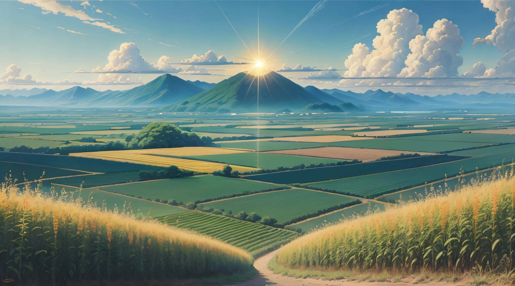 Realistic, real, beautiful and amazing landscape oil painting, Studio Ghibli, Hayao Miyazaki, cornfield, sun, blue sky