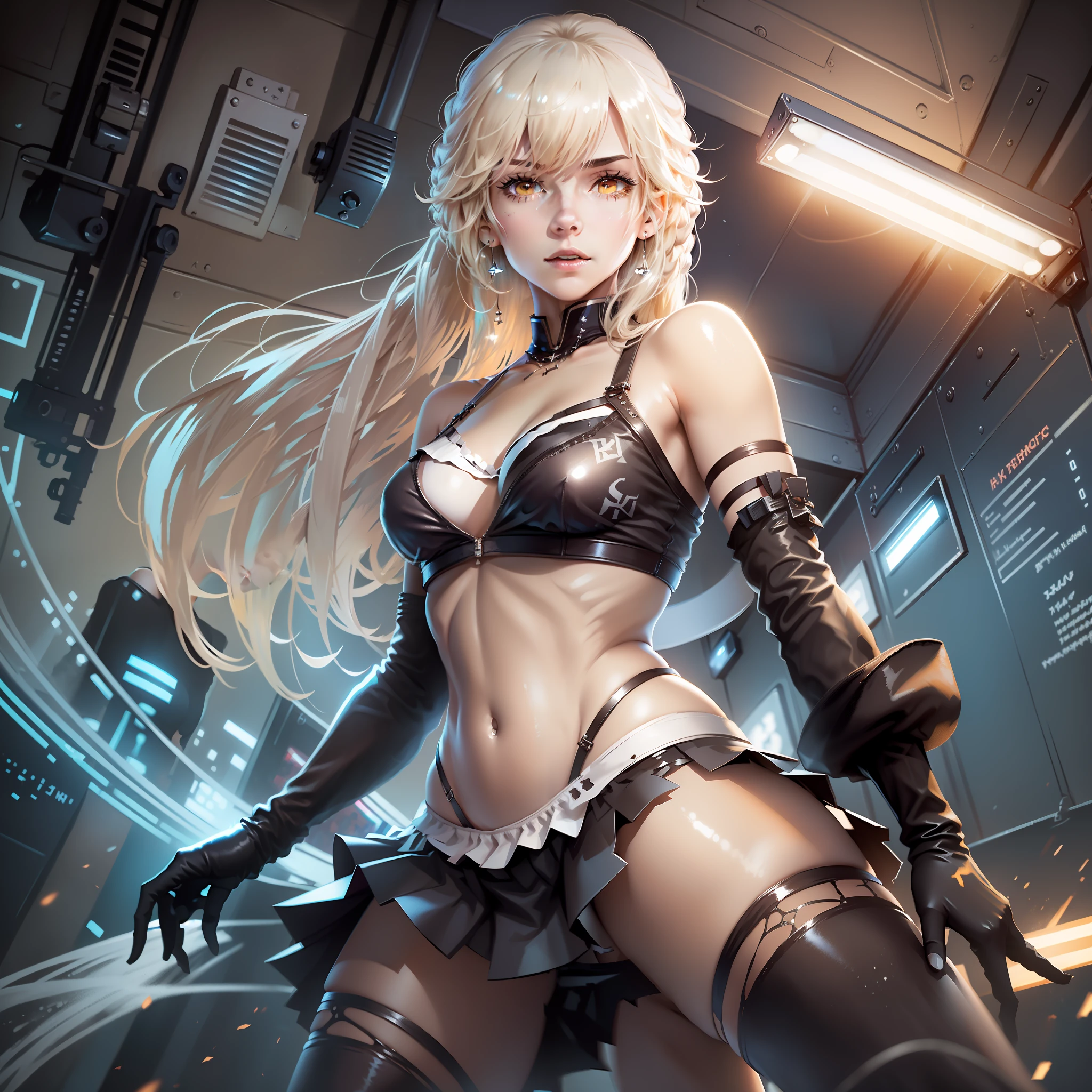 (Blonde Girl: 1.2, Leather Short Skirt: 1.2, White Bra Top), (Tifa: 1.3, White-Haired Girl: 1.2, 2B: 1.2, NiER: Automata Inspiration), (Perfect White-Haired Girl: 1.1, Silverhaired Girl: 1.1, Cyborg: 1.1), Dynamic Pose, Blue World, High Quality, Dynamic Photography, Neon Light Wave.