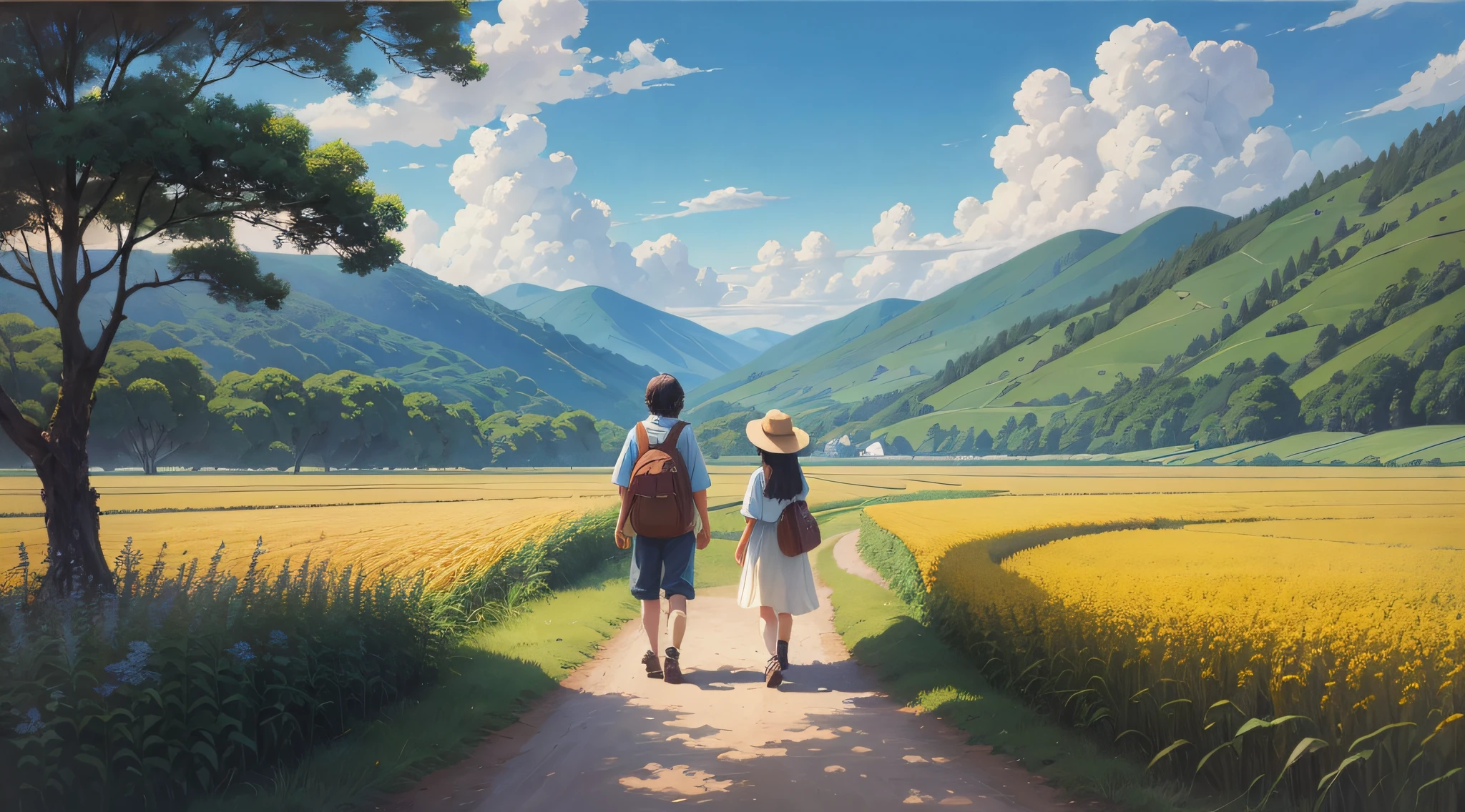 Realistic, real, beautiful and amazing landscape oil painting, Studio Ghibli, Hayao Miyazaki, cornfield, sun, blue sky
